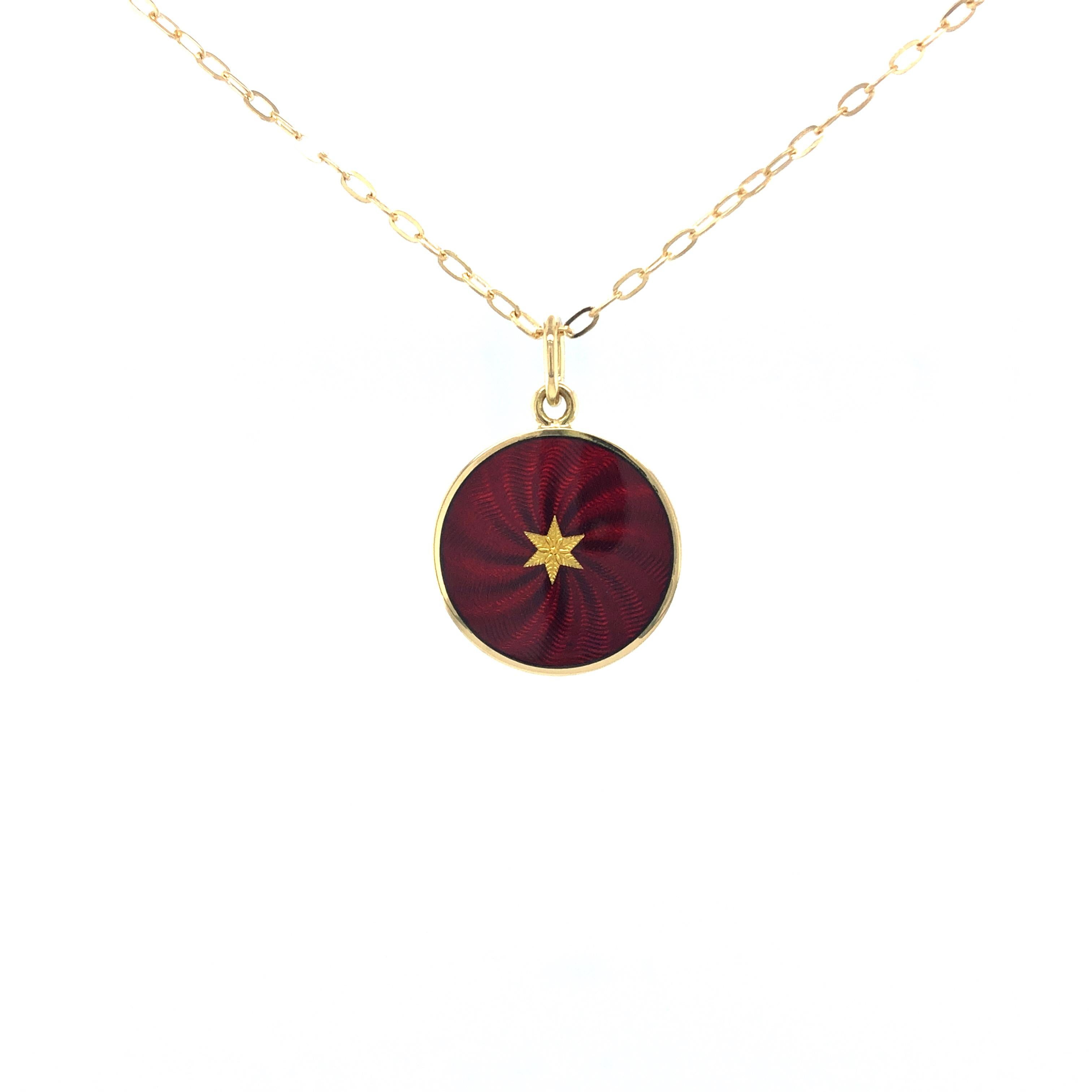 Round Disk Pendant Necklace - 18k Yellow Gold - Burgundy Red Enamel Guilloche  For Sale 1