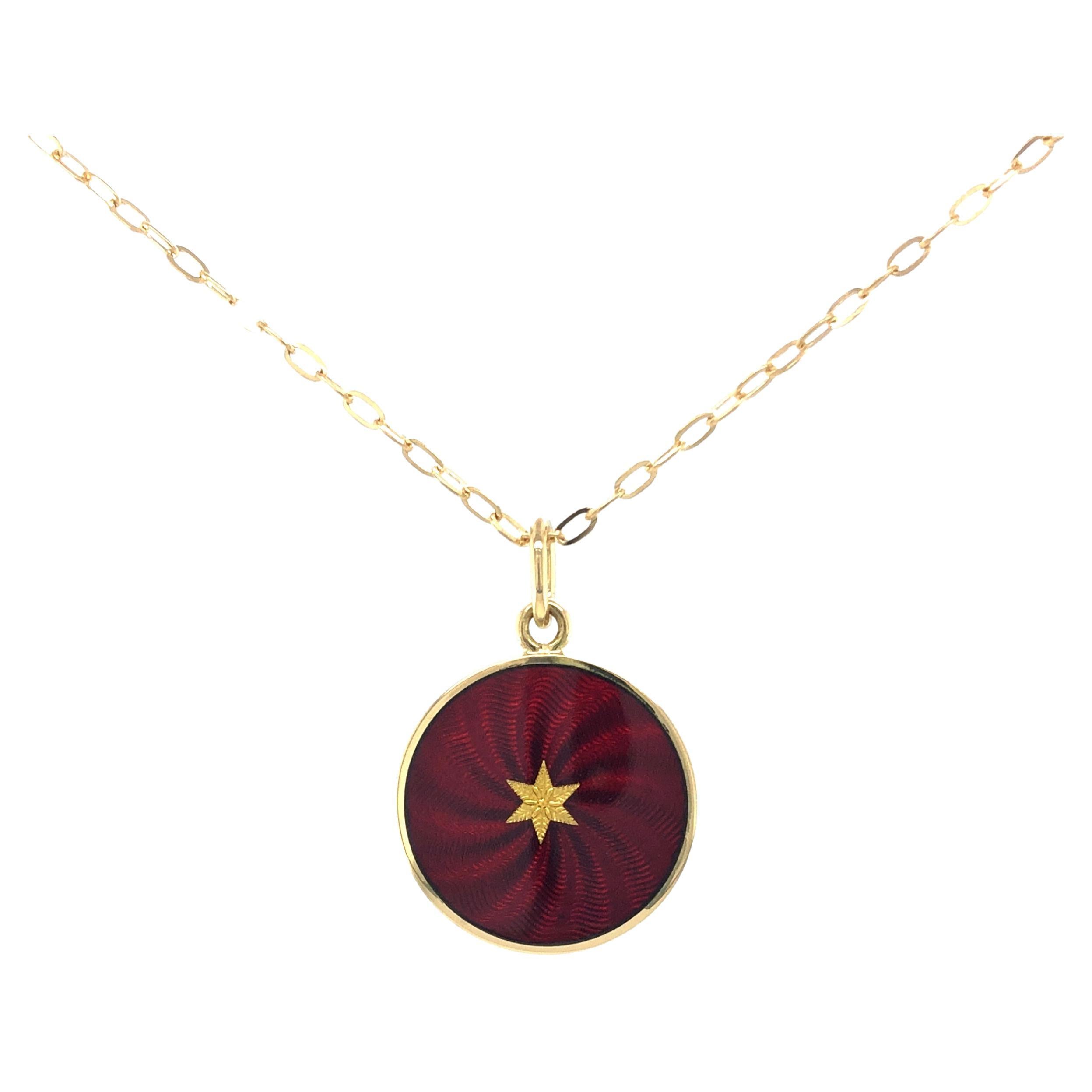 Round Disk Pendant Necklace - 18k Yellow Gold - Burgundy Red Enamel Guilloche  For Sale
