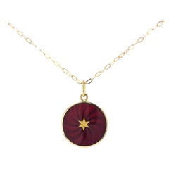 Round Disk Pendant Necklace - 18k Yellow Gold - Burgundy Red Enamel Guilloche 