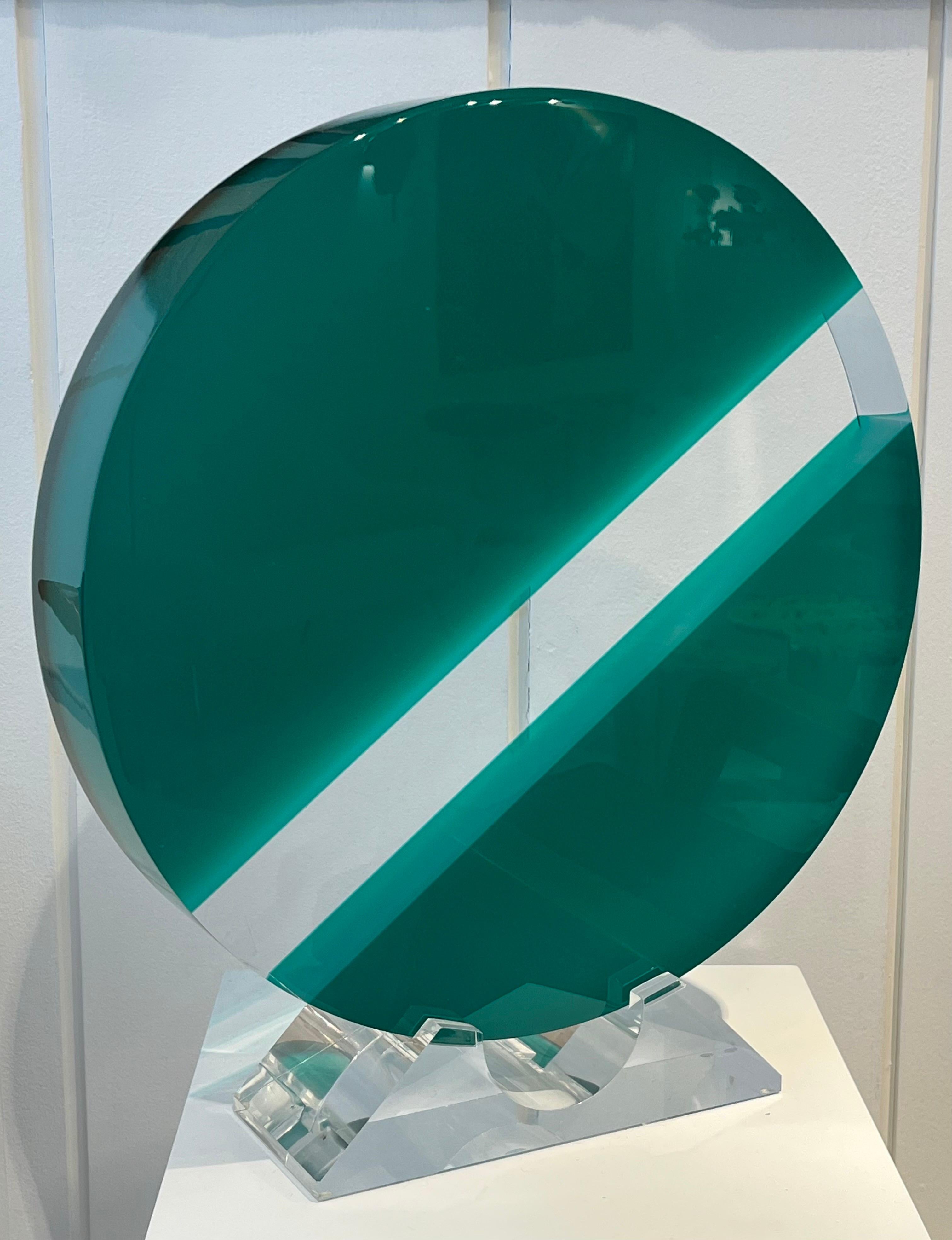 Lucite green and transparent disc sculpture by Jean Claude Farhi 
Signed and dated
Perfect condition.