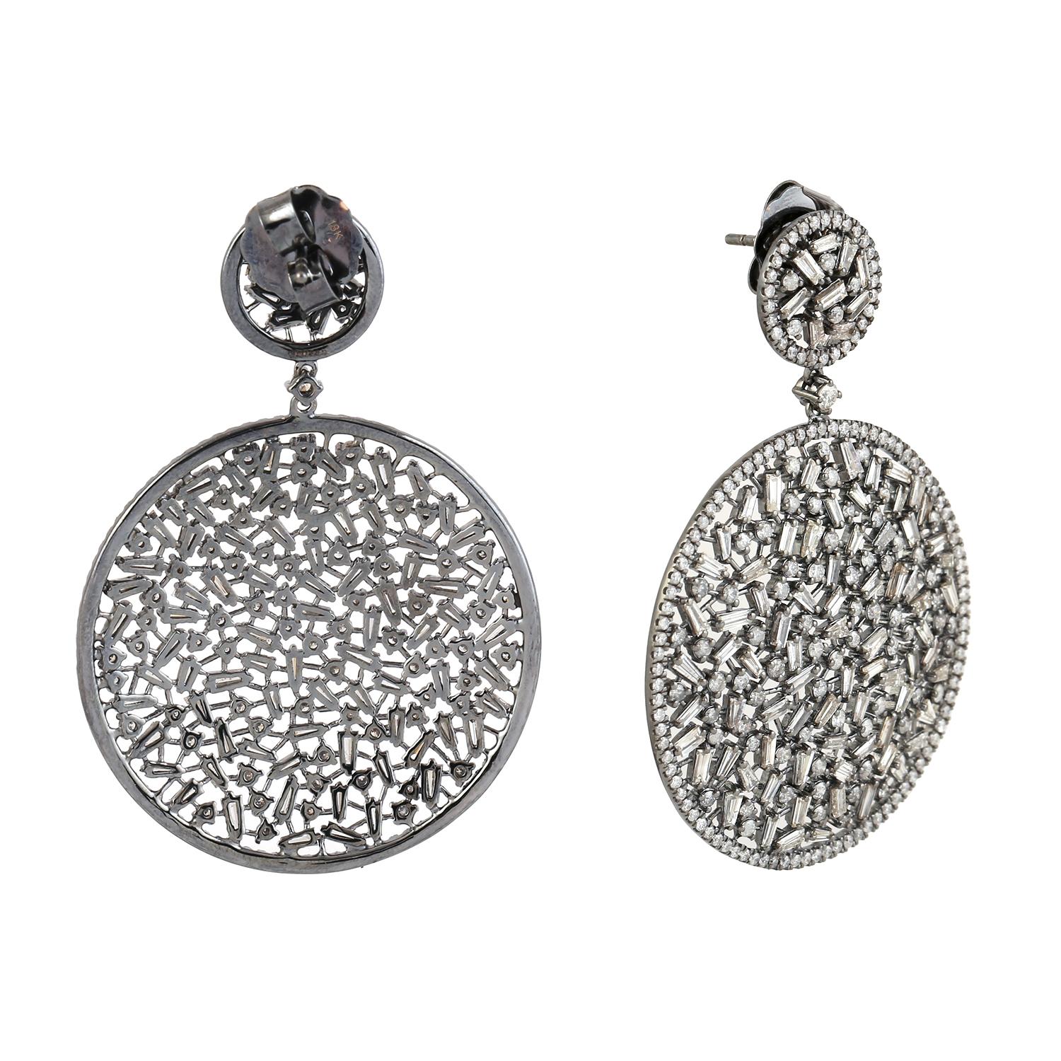 Baguette Cut Disc Shaped Dangle Earrings With Diamond Baguettes Set Made In 18k Gold For Sale