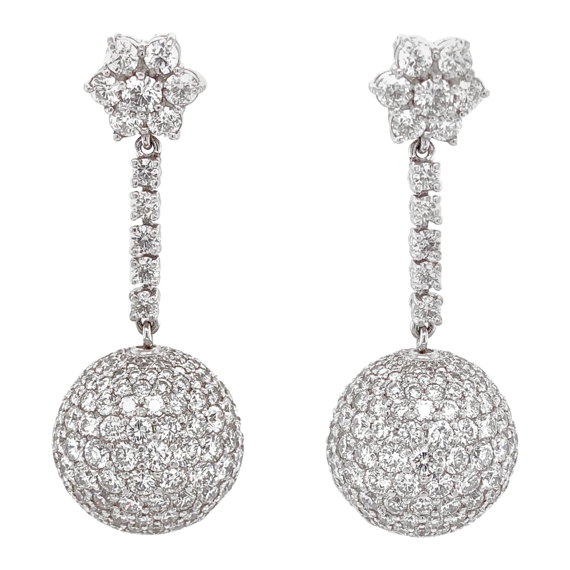 Disco Ball Round Diamonds 18.34 Carat Dangling Platinum Earrings For Sale