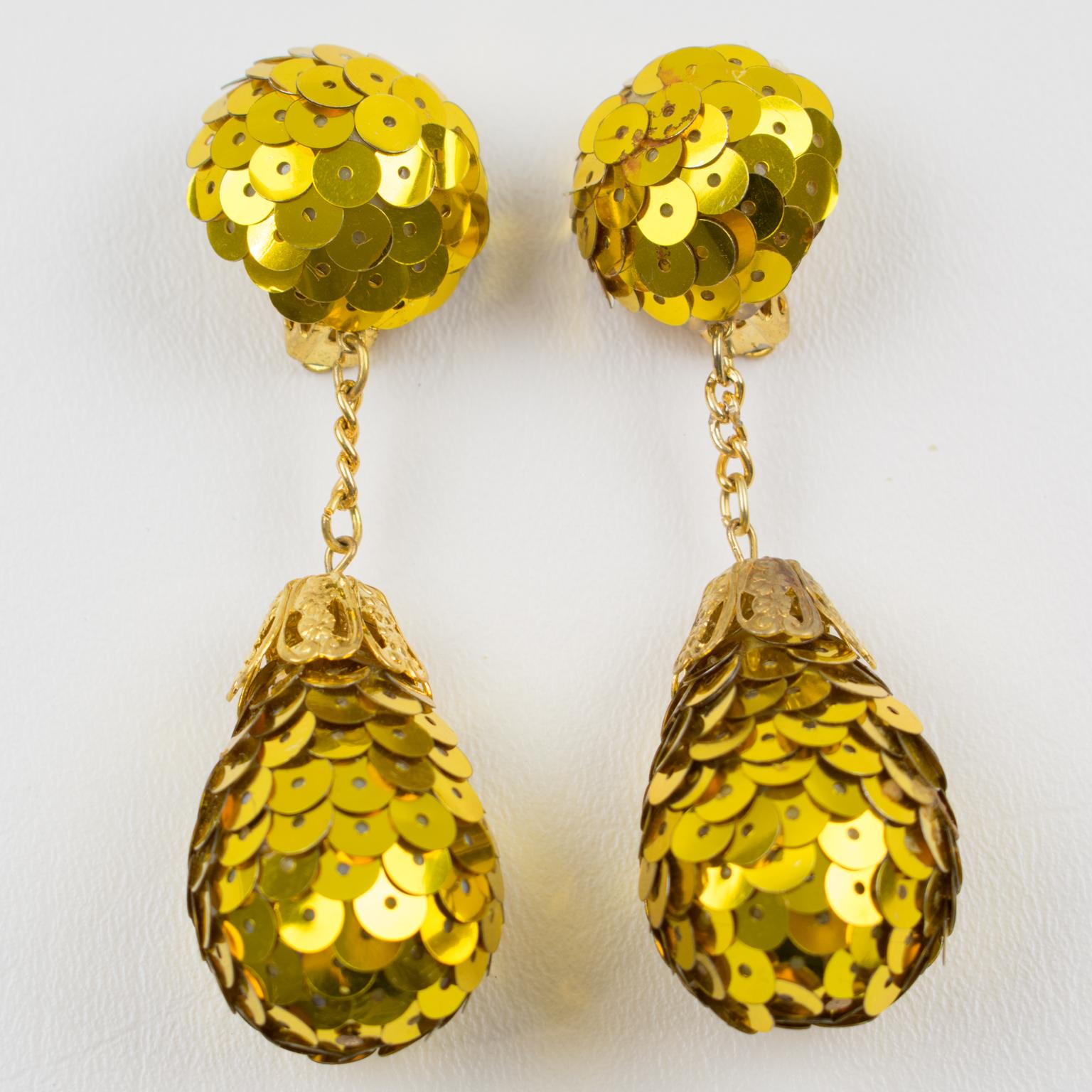 Modern Disco Balls Dangle Clip Earrings with Yellow Sequin For Sale