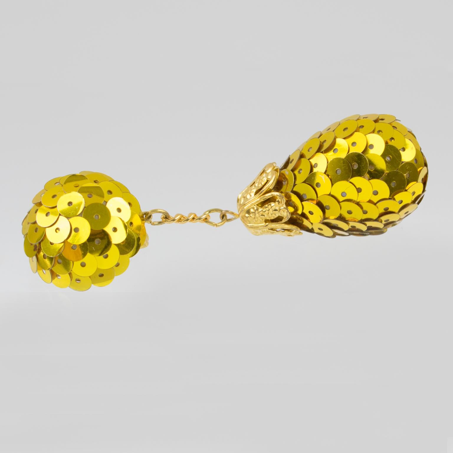 Women's or Men's Disco Balls Dangle Clip Earrings with Yellow Sequin For Sale