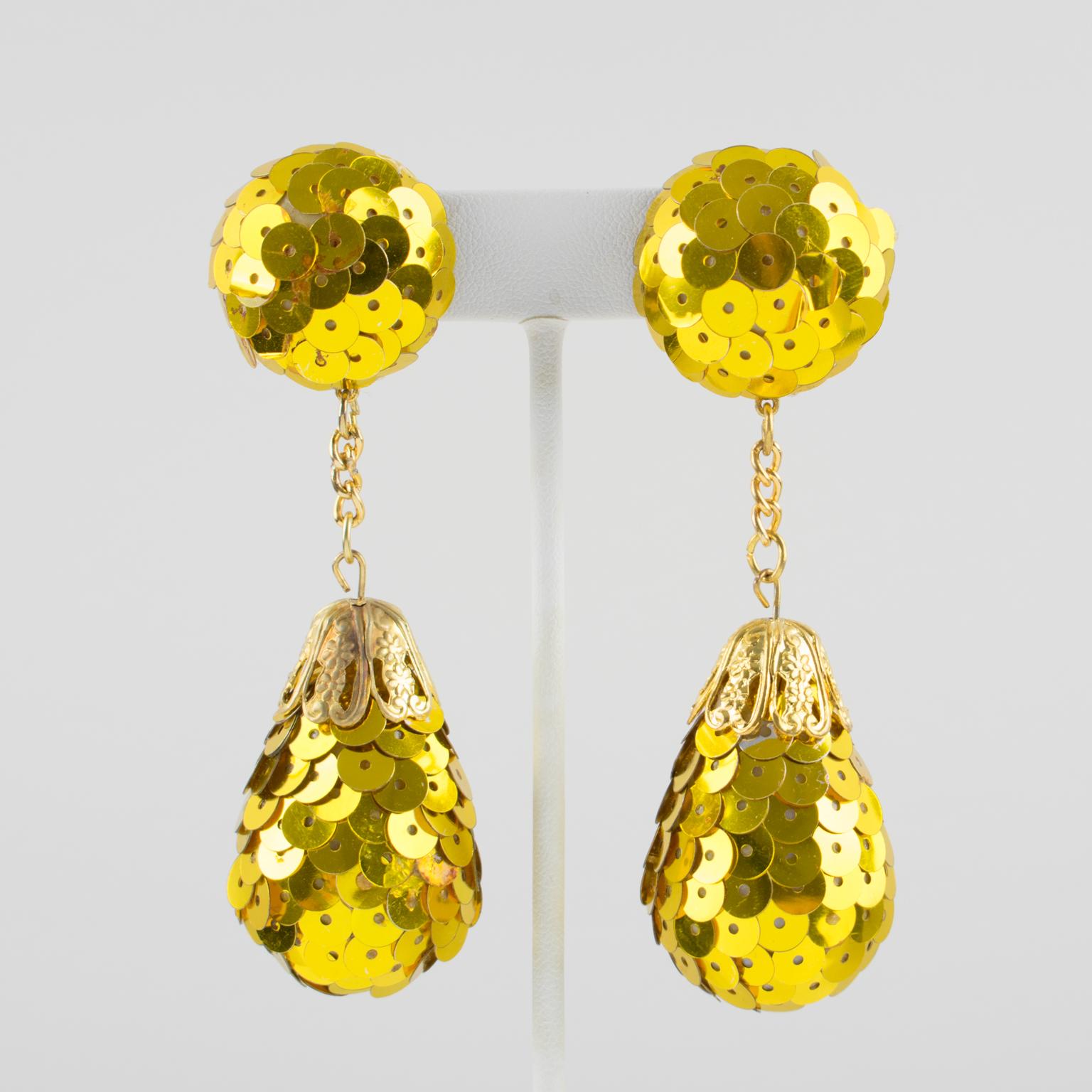 Disco Balls Dangle Clip Earrings with Yellow Sequin For Sale 1
