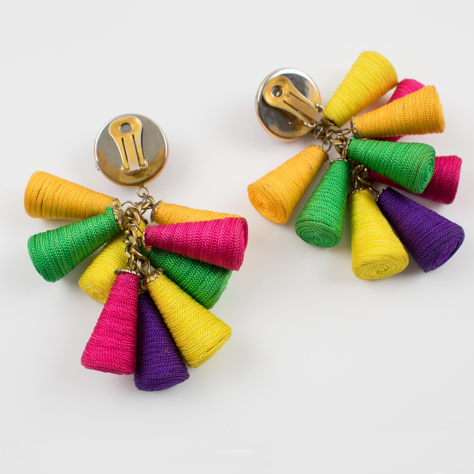 Modernist Disco Dangle Multicolor Thread Clip Earrings