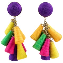 Vintage Disco Dangle Multicolor Thread Clip Earrings