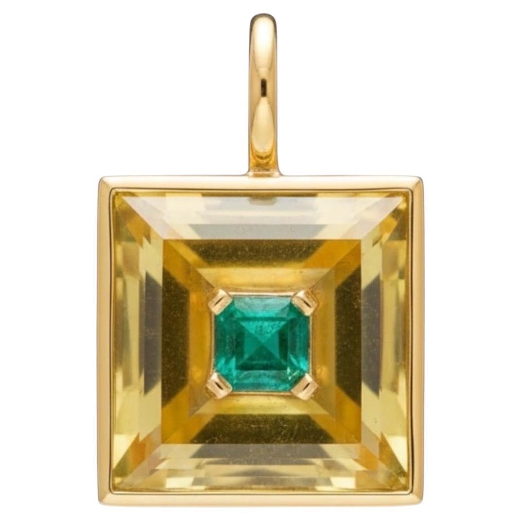Ciondolo DISCO, Citrino con smeraldo e oro 14k in vendita