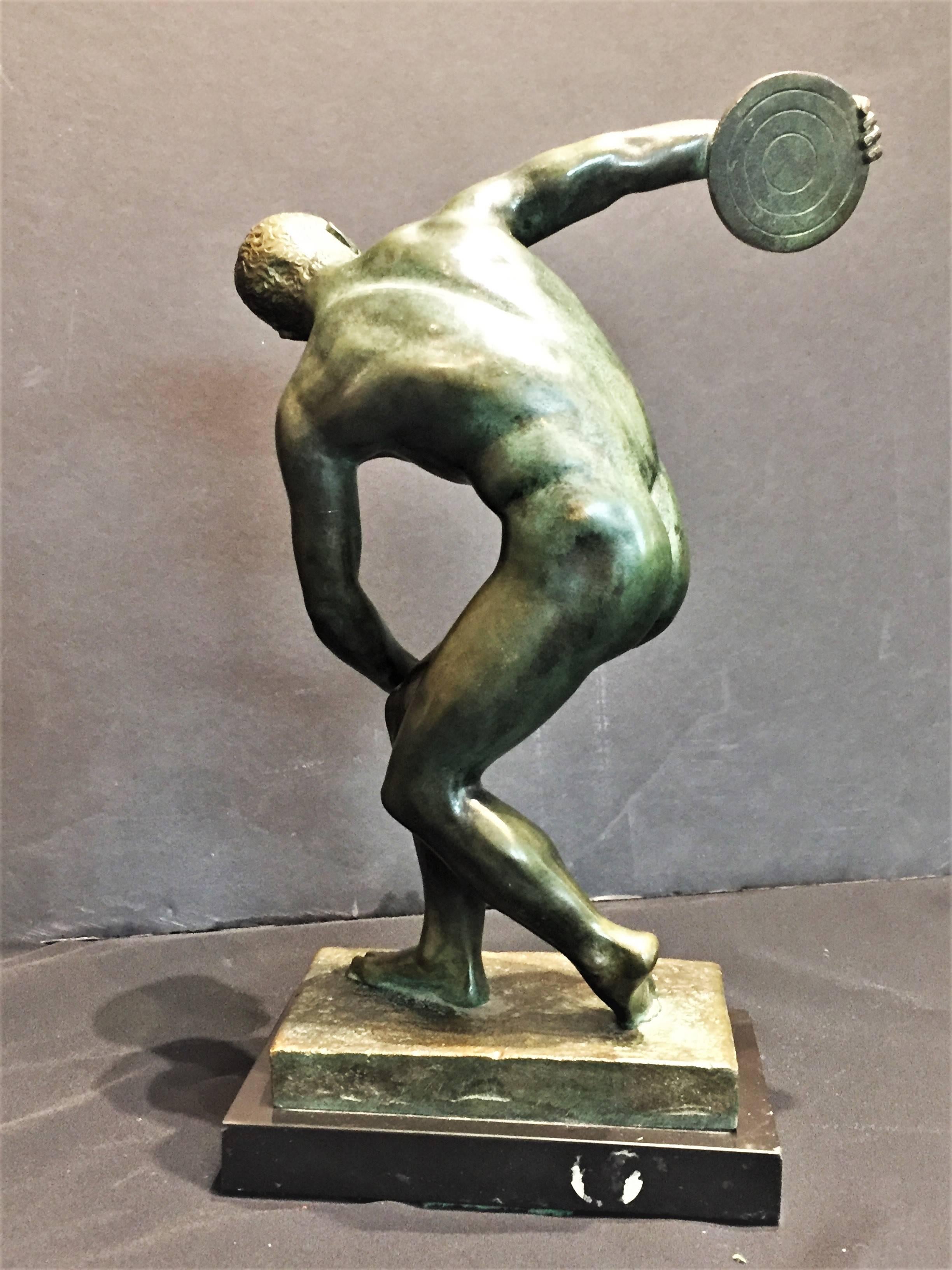 Classical Greek Discobolus, Art Deco Patinated Bronze Sculpture, circa 1925