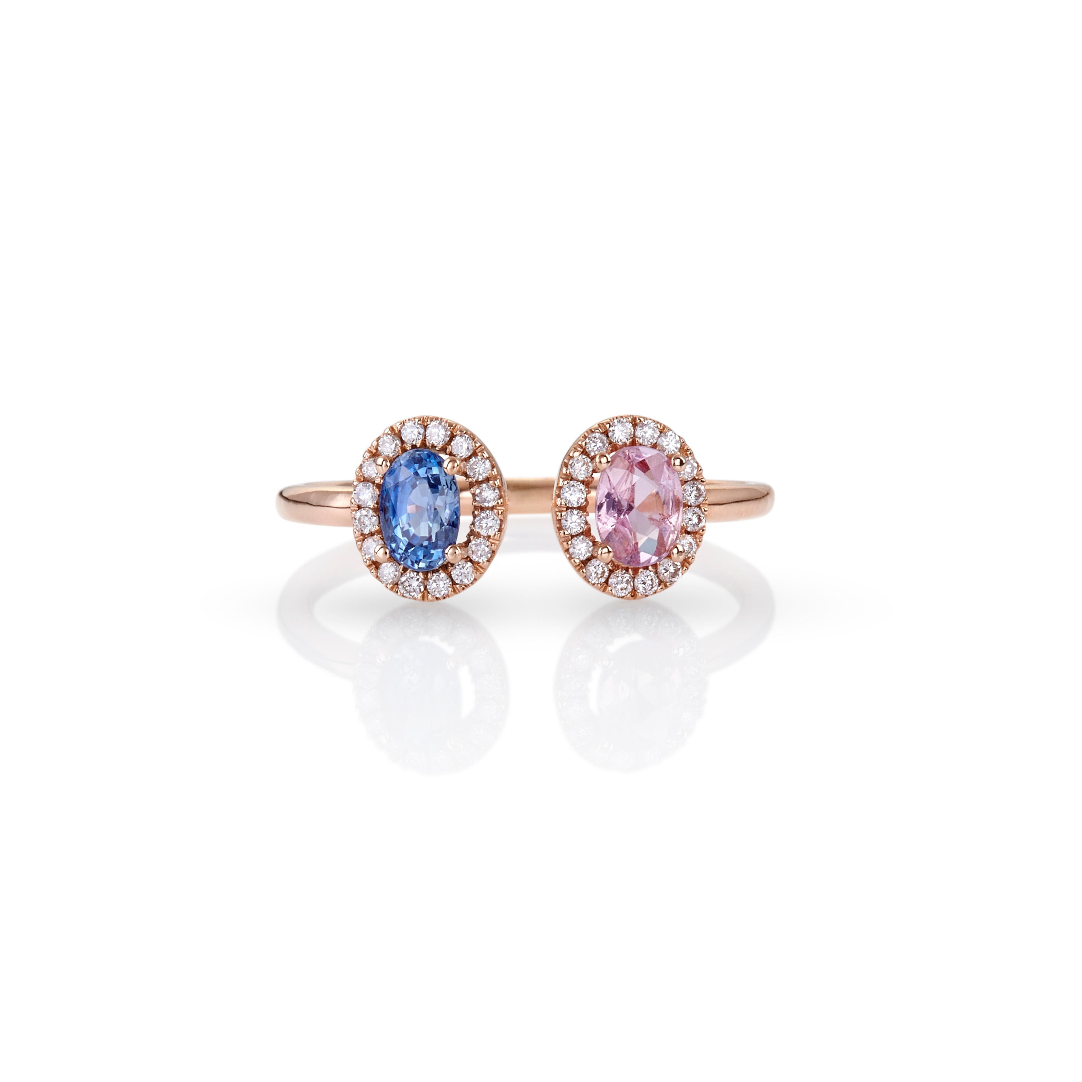 For Sale:  Disconnected Two Sapphires Ring Pink and Blue 18kt Rose Gold with Diamonds Halo 2