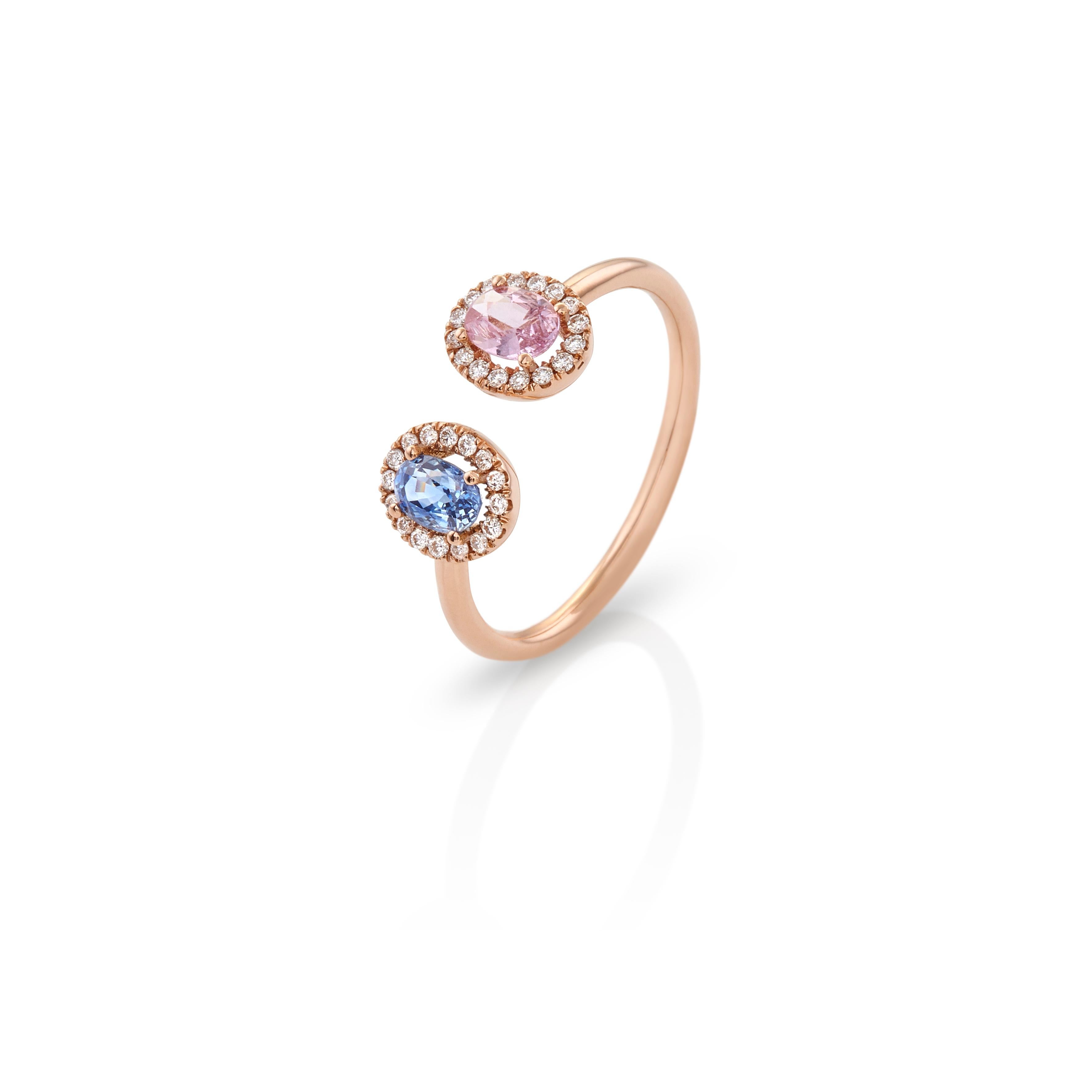 For Sale:  Disconnected Two Sapphires Ring Pink and Blue 18kt Rose Gold with Diamonds Halo 3