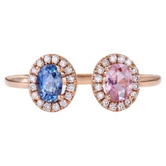 Disconnected Two Sapphires Ring Pink and Blue 18kt Rose Gold with Diamonds Halo