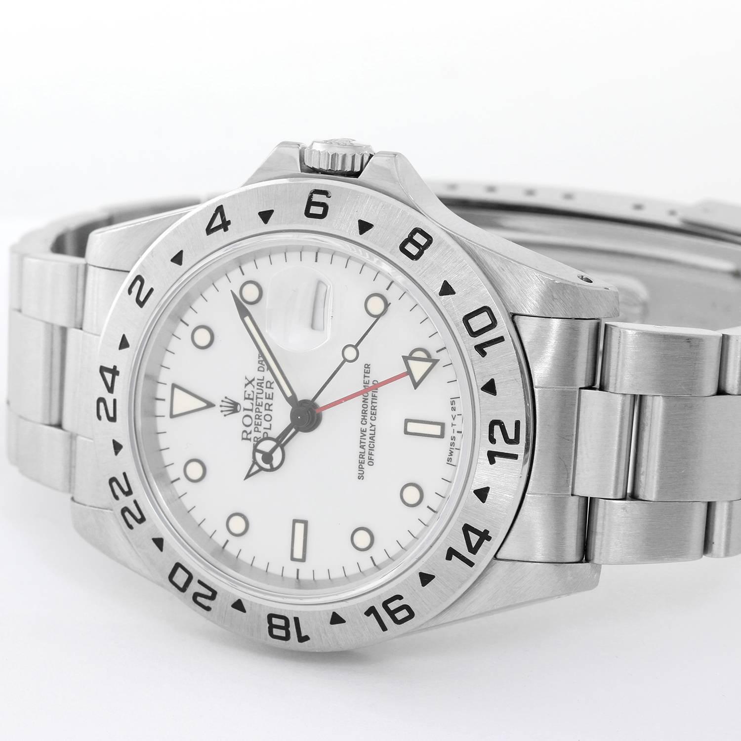 Discontinued Rolex Explorer  Men's Stainless Steel Watch 16570 -  Automatic winding, 31 jewels, Quickset, sapphire crystal, dual time. Stainless steel case (42mm diameter). White dial with luminous markers. Stainless steel Oyster bracelet with