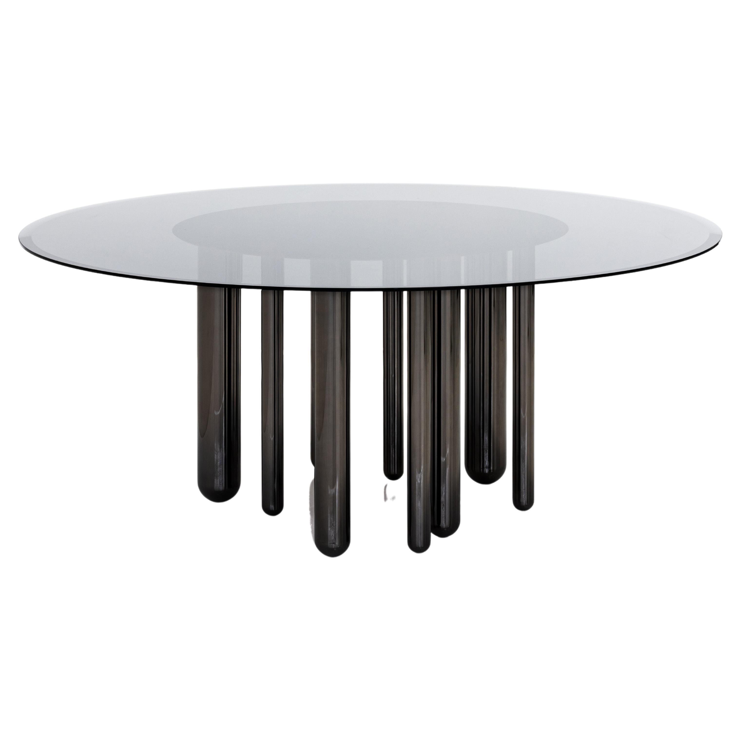 Discoteca, Runder Tisch mit transparenter Fumé-Glasplatte  (Moderne) im Angebot