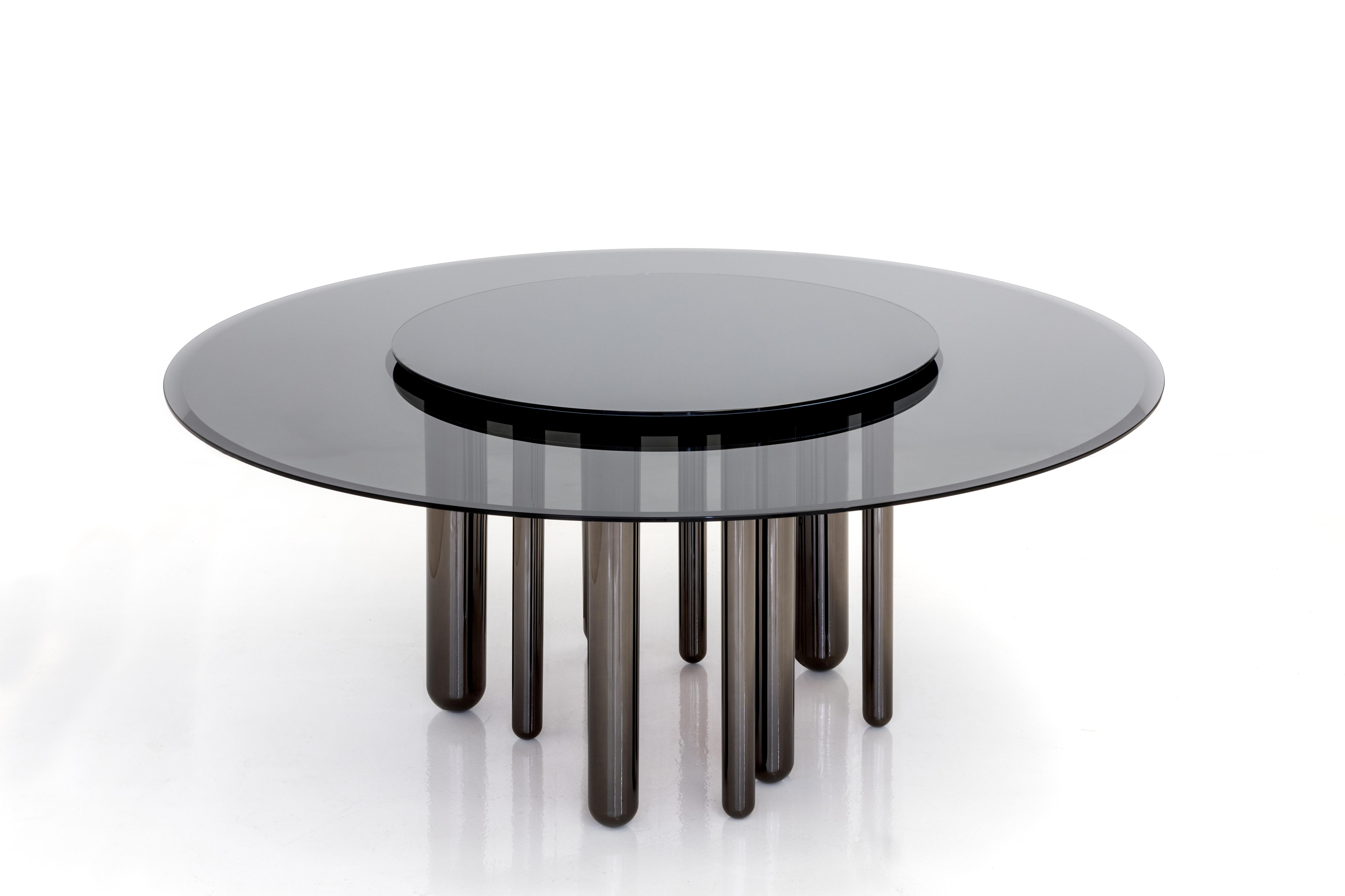 Discoteca, Round Table with Transparent Fumé Glass Top  For Sale