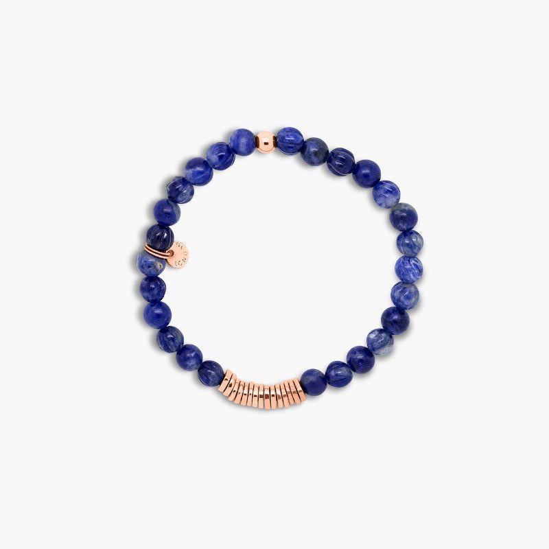 Discs Round bracelet with sodalite and rose gold plated sterling silver

A series of bracelets featuring spherical semi-precious stone beads, separated by a group of irregularly finished 2 micron rose gold plated sterling silver disc beads, and a