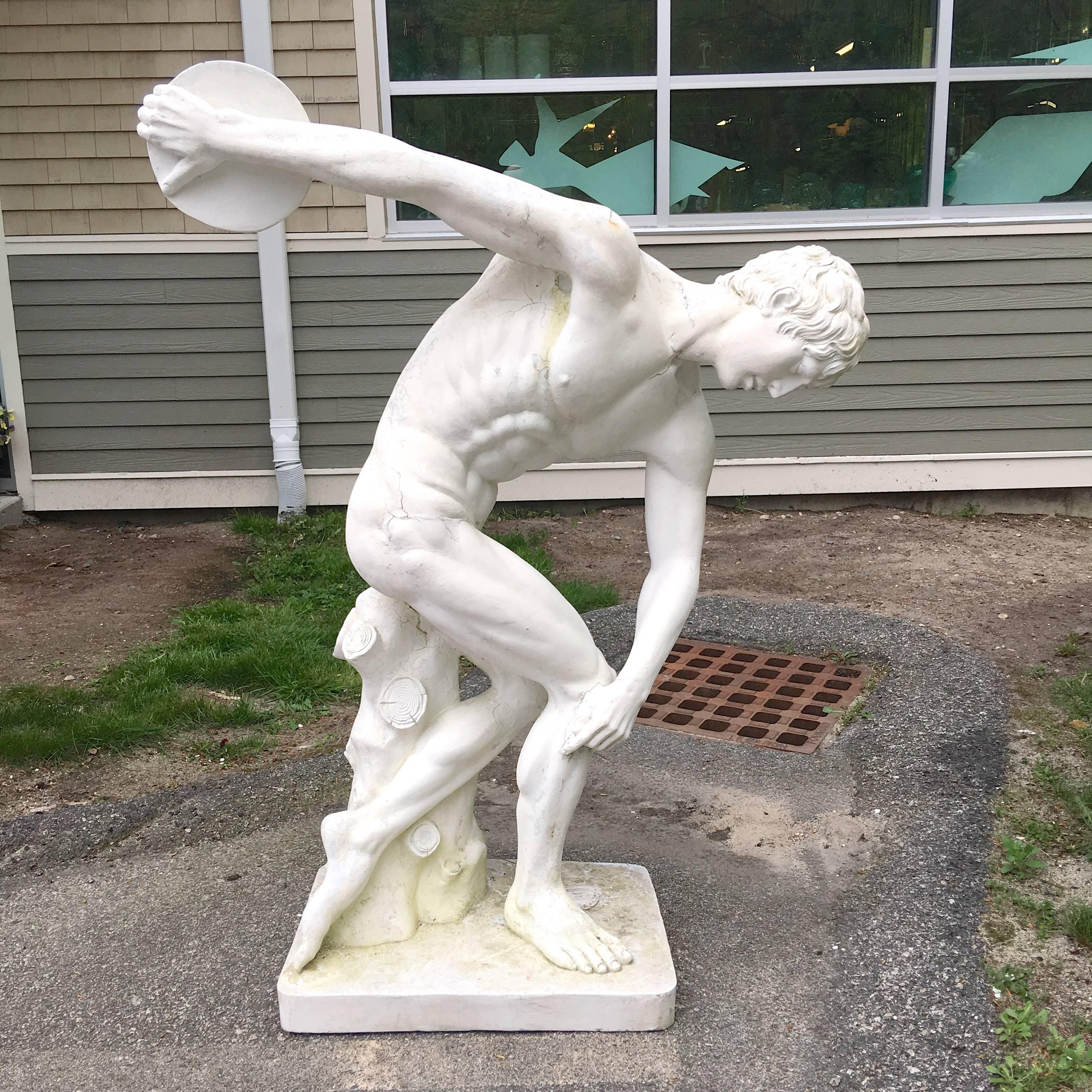 SATURDAY SALE (AUG 2018(

Nearly lifesize replica of the famous ancient Greece sculpture, the Discobolus.

This is a vintage garden statue for outdoor (or indoor) use. Composition is fiberglass and coated with a chalky white plaster resin which
