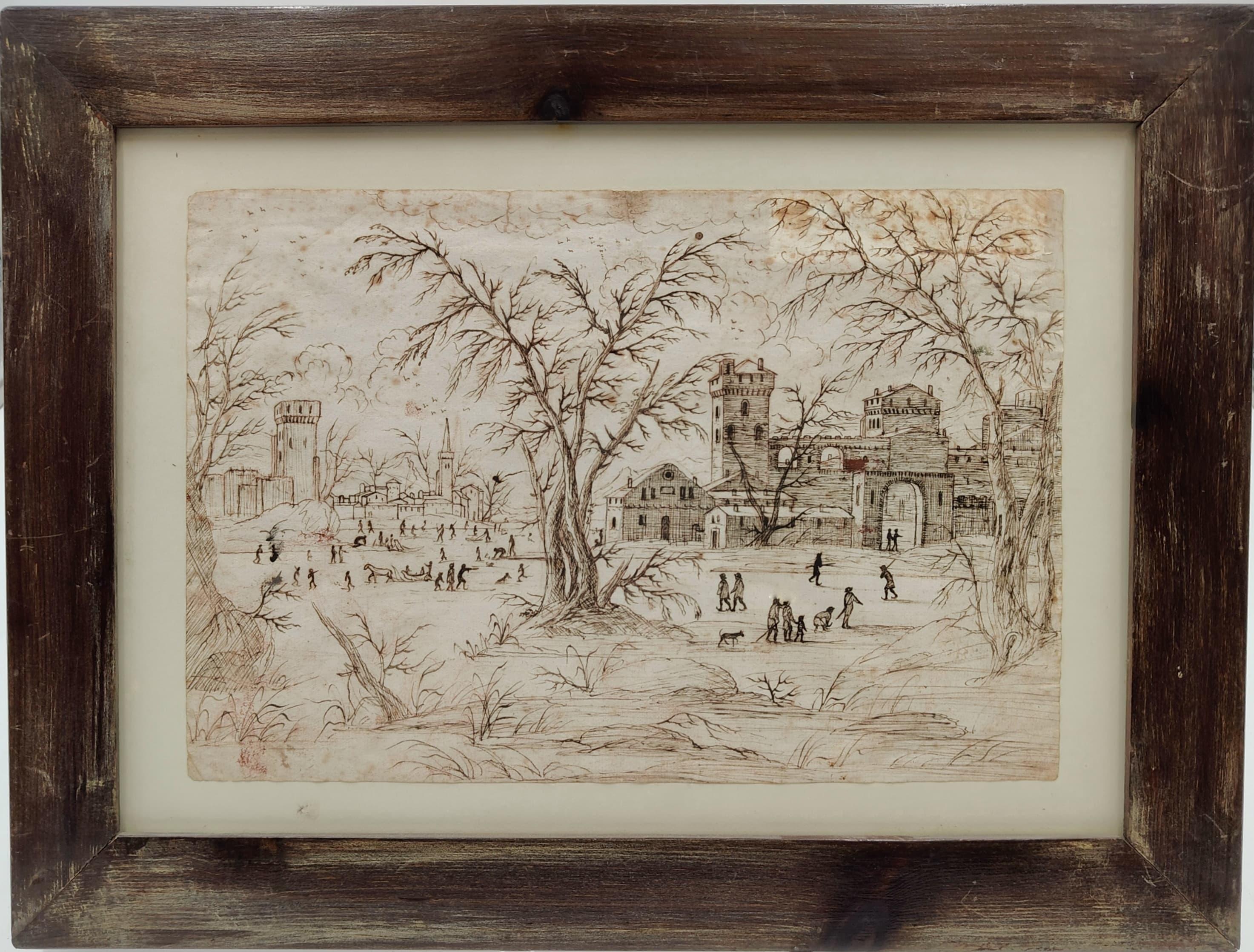 Disegno a china di un paesaggio olandese - 1680, Olanda In condizioni buone in vendita a Vicenza, VI
