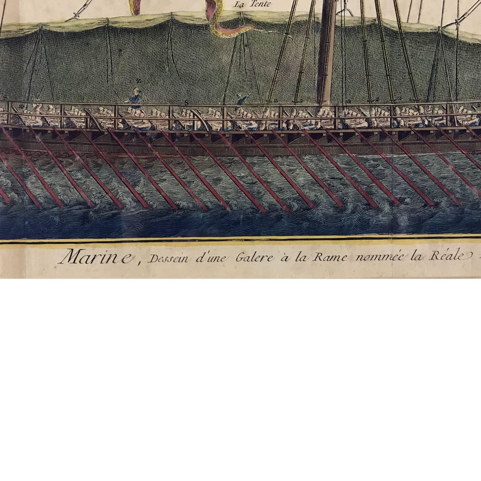 French Disegno di una Galera Parigi 1772 Cornice Blu Enciclopedia Diderot di Benard  For Sale