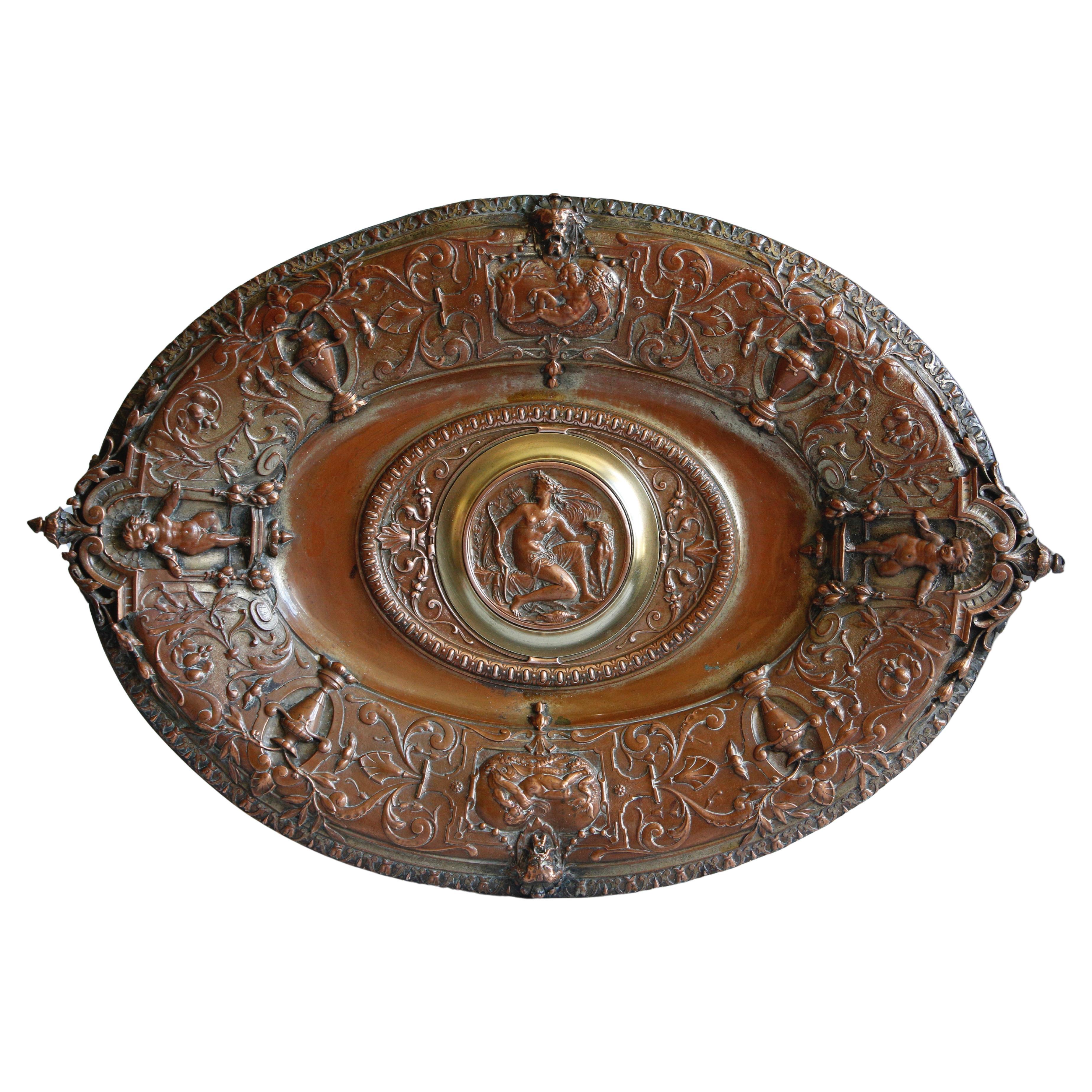 Dish Bowl Oval Copper Brass Plaque Diana The Huntress 19th C