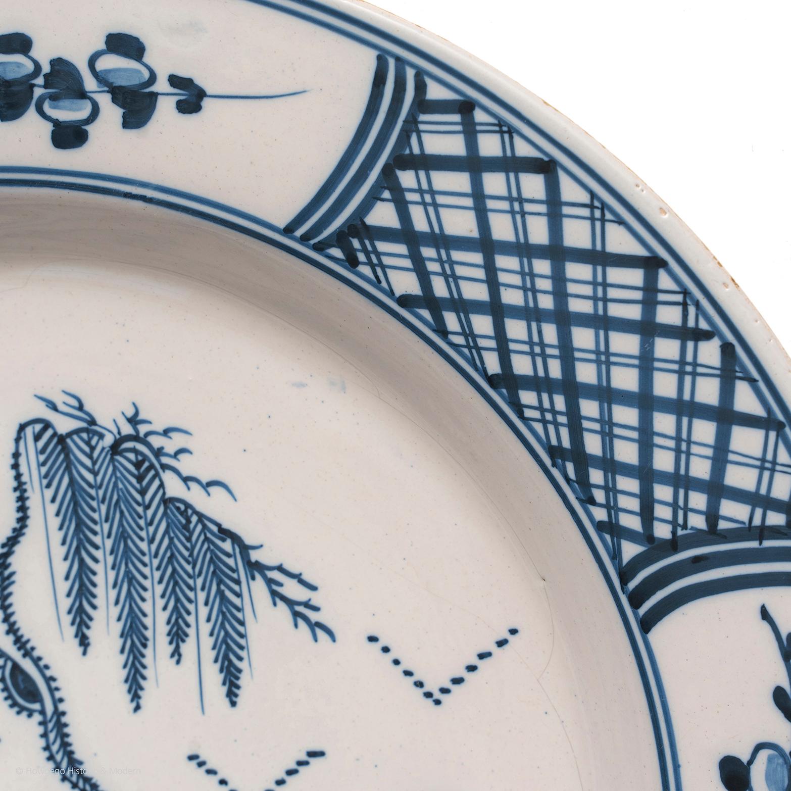 George II Dish Charger delftware Bristol blue white willow tree rocks Chinoiserie Trellis For Sale