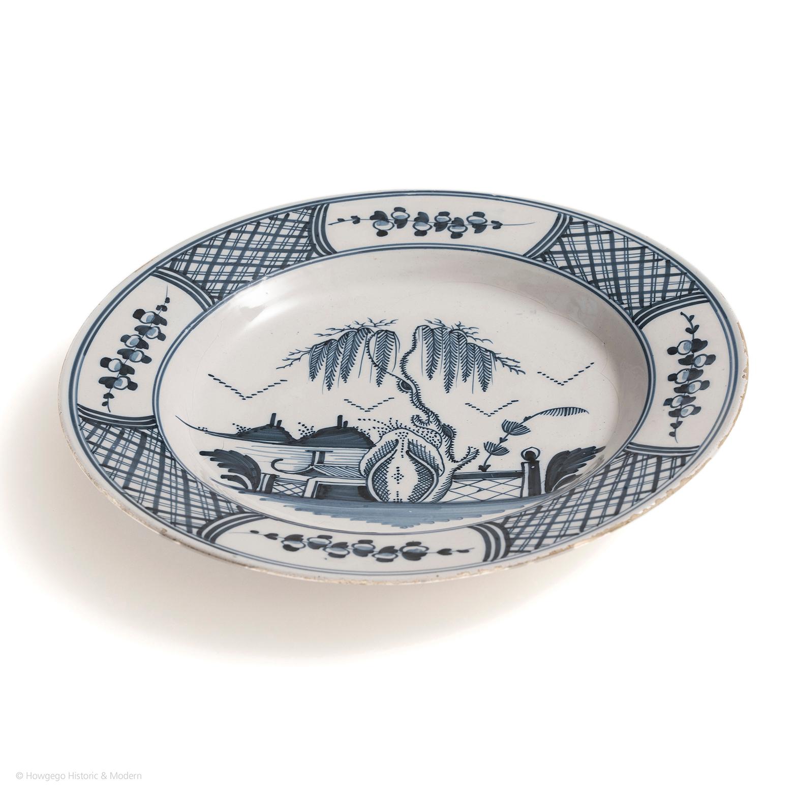 English Dish Charger delftware Bristol blue white willow tree rocks Chinoiserie Trellis For Sale