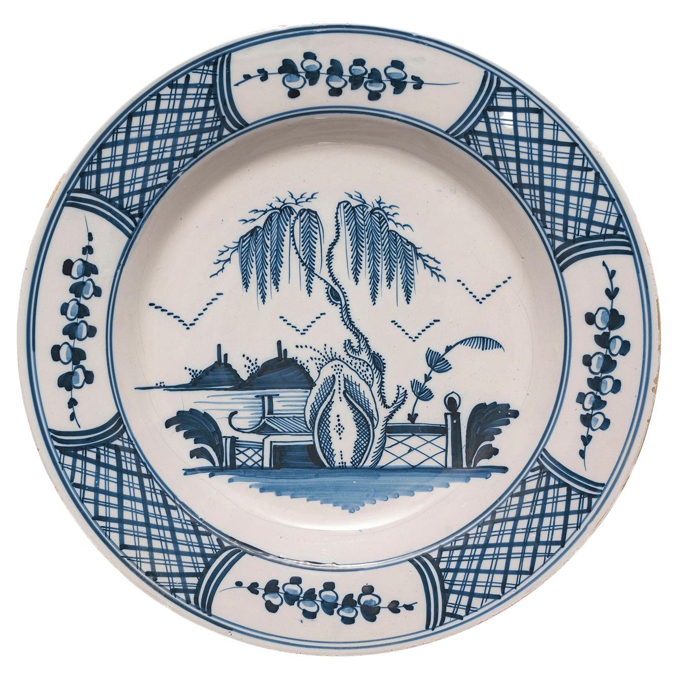 Dish Charger delftware Bristol blue white willow tree rocks Chinoiserie Trellis