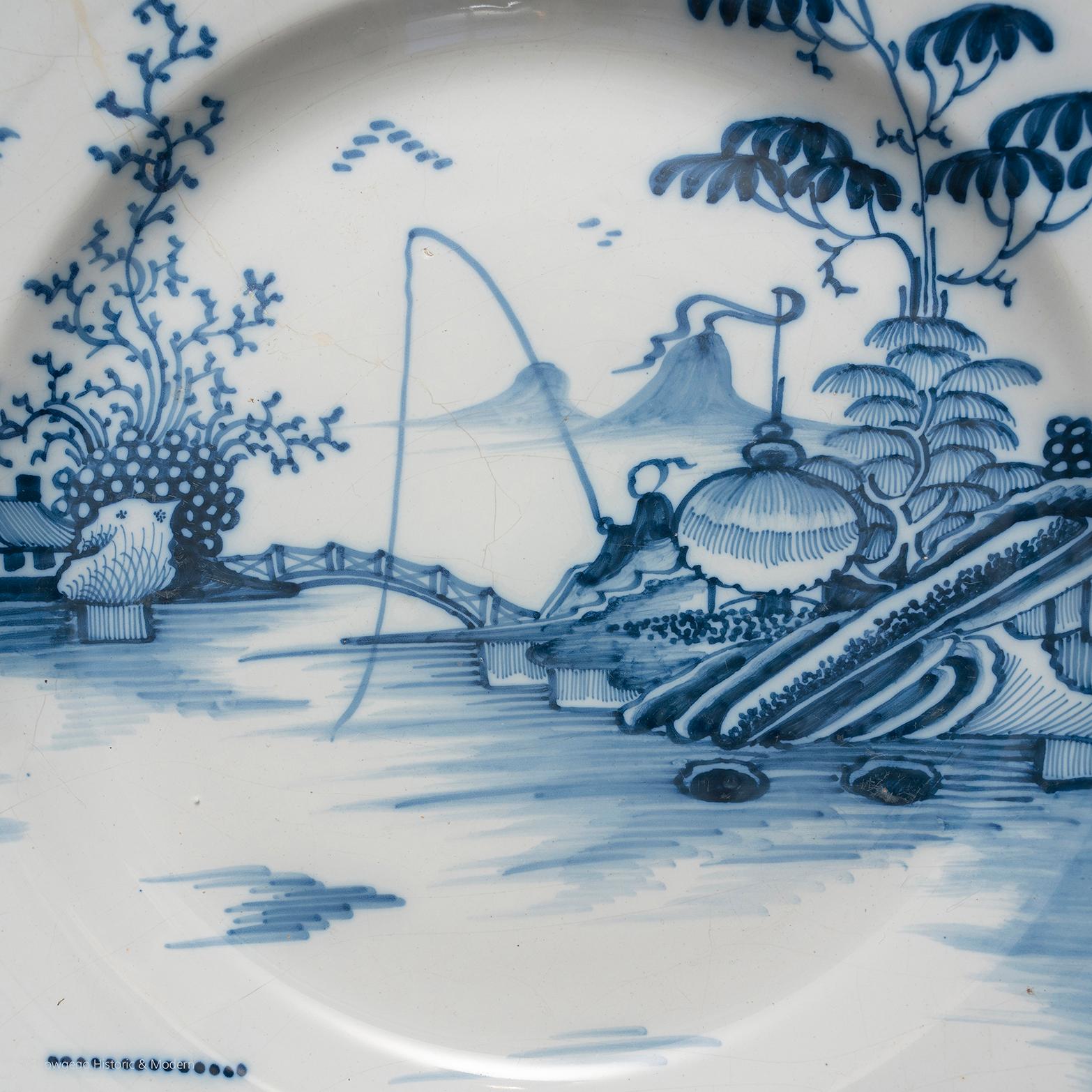Chinoiserie Dish Charger Delftware English London Blue White Fisherman For Sale
