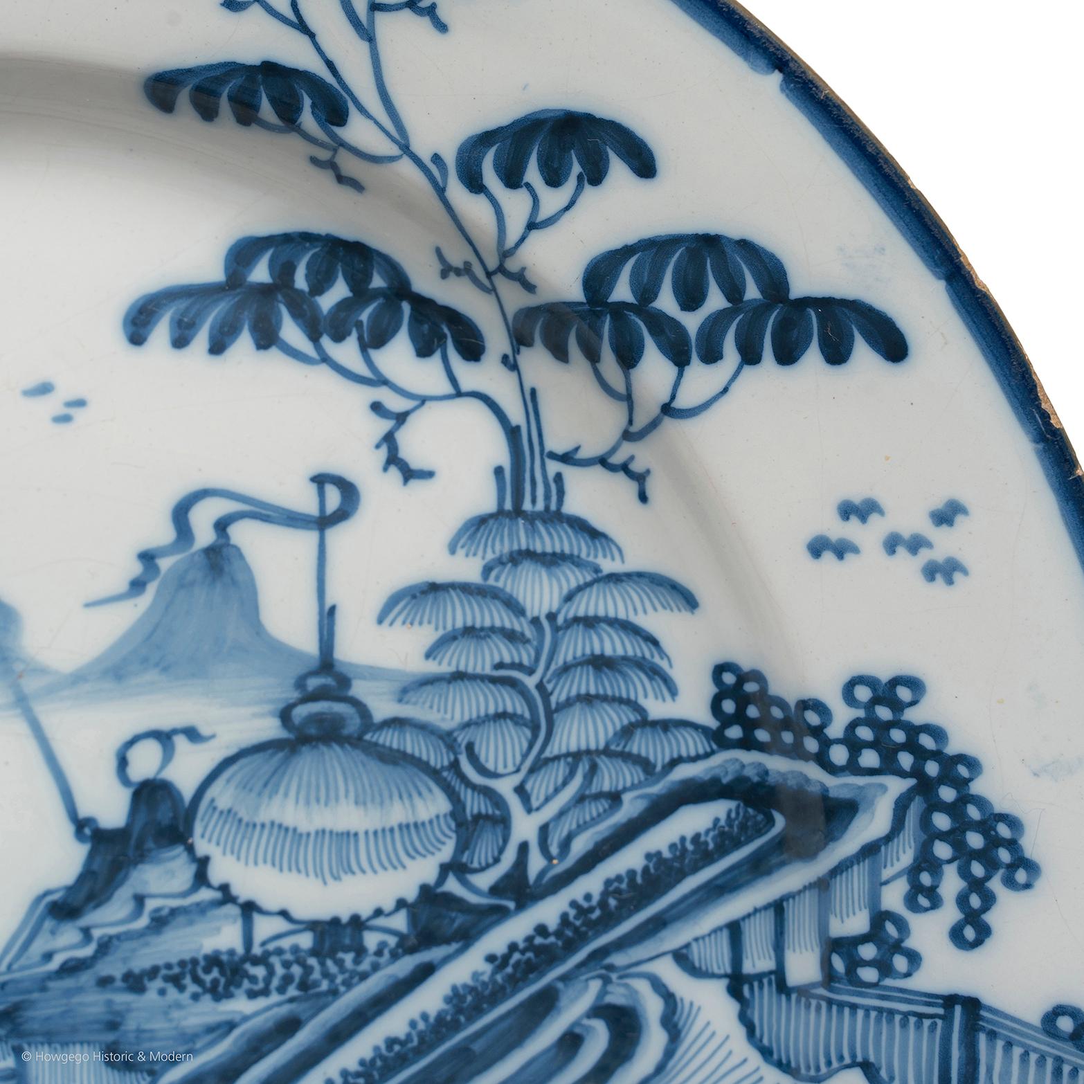Hand-Painted Dish Charger Delftware English London Blue White Fisherman For Sale