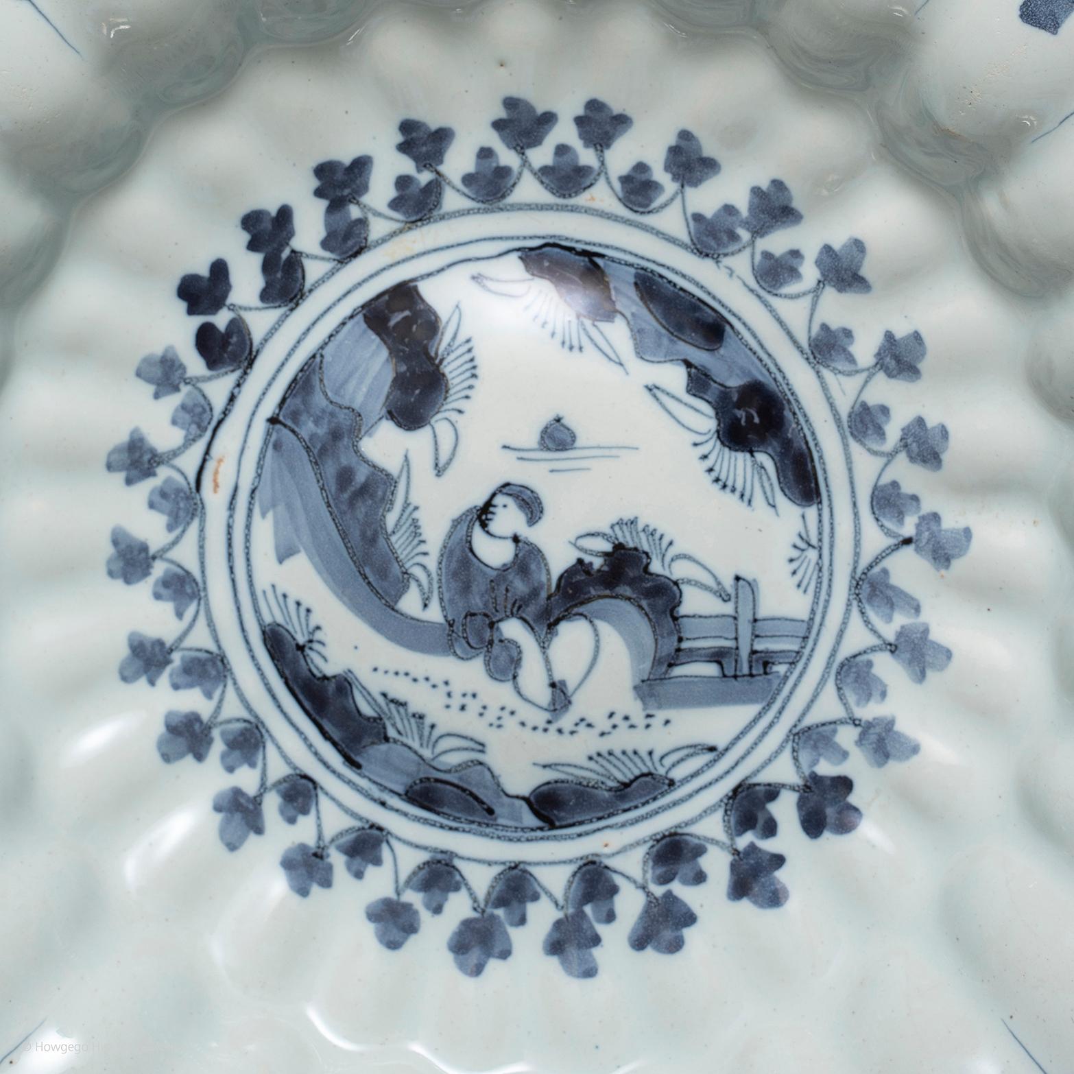 Baroque Dish Charger Lobed Delft German Blue White Fluted Chinoiserie For Sale