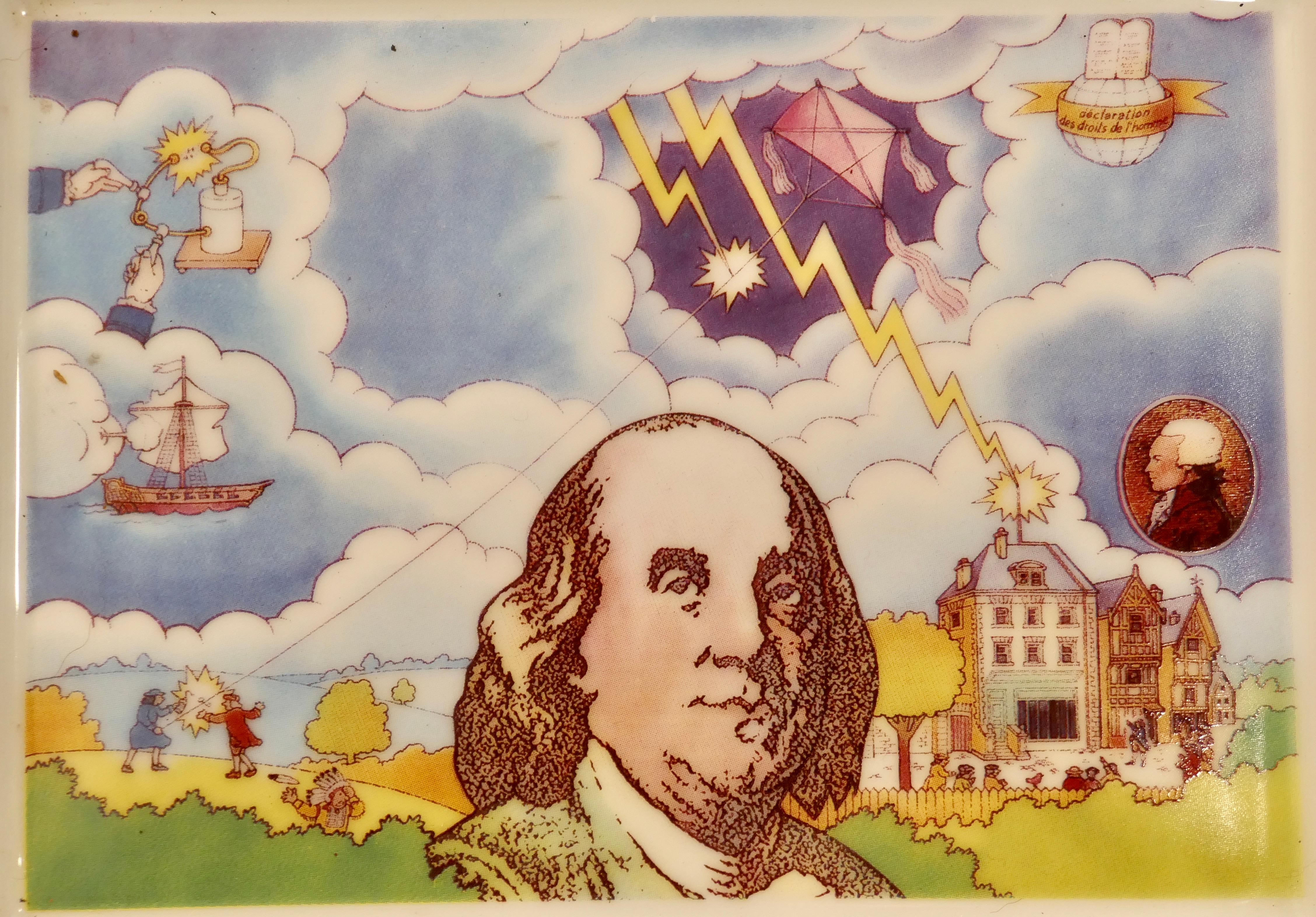 Plat polychrome commémorant la découverte de l'électricité par Benjamin Franklin par L De Boynes


Benjamin Franklin, l'un des pères fondateurs des États-Unis et un très brillant scientifique
En 1752, il réalise sa célèbre expérience du