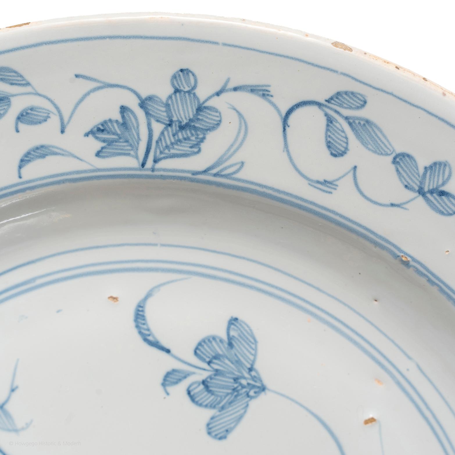 Chinoiserie Dish, delftware, English, Liverpool, blue white butterfly 35cm 13 3/4