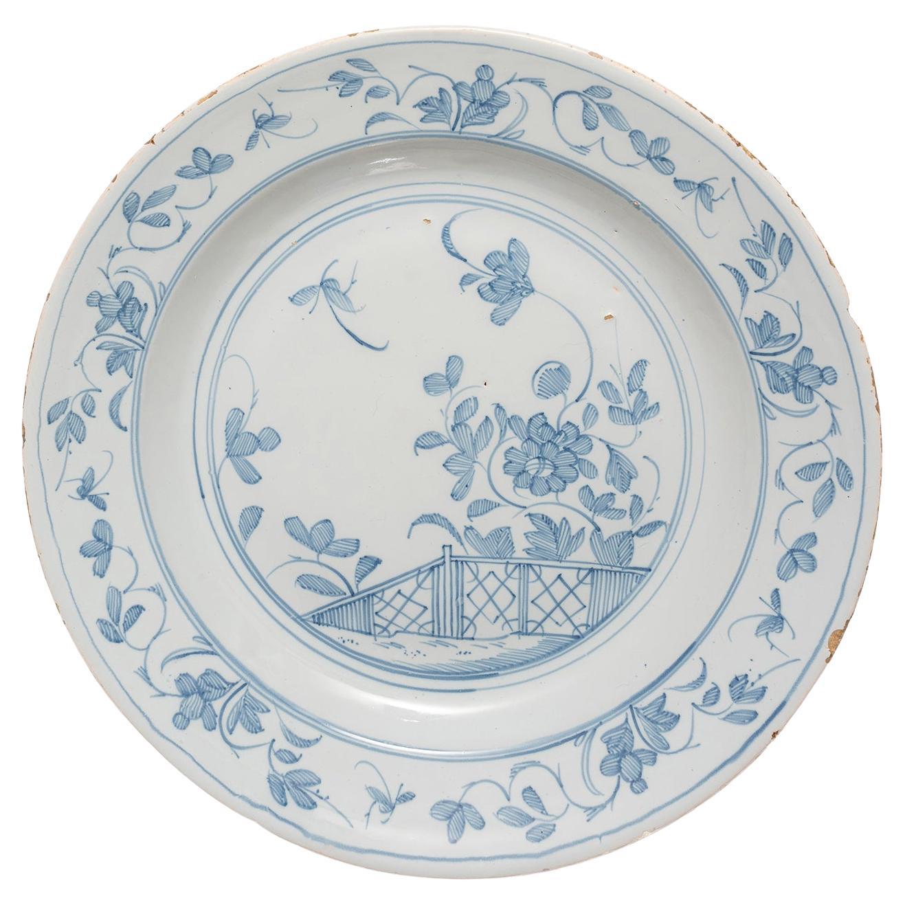 Dish, delftware, English, Liverpool, blue white butterfly 35cm 13 3/4" c1760