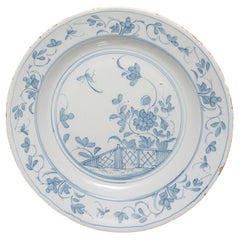 Antique Dish, delftware, English, Liverpool, blue white butterfly 35cm 13 3/4" c1760