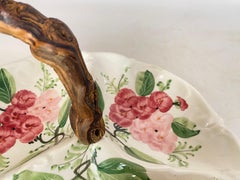 Dish in Italian Ceramic Pink and Green Colors 20th Flowers Wine wood Handle