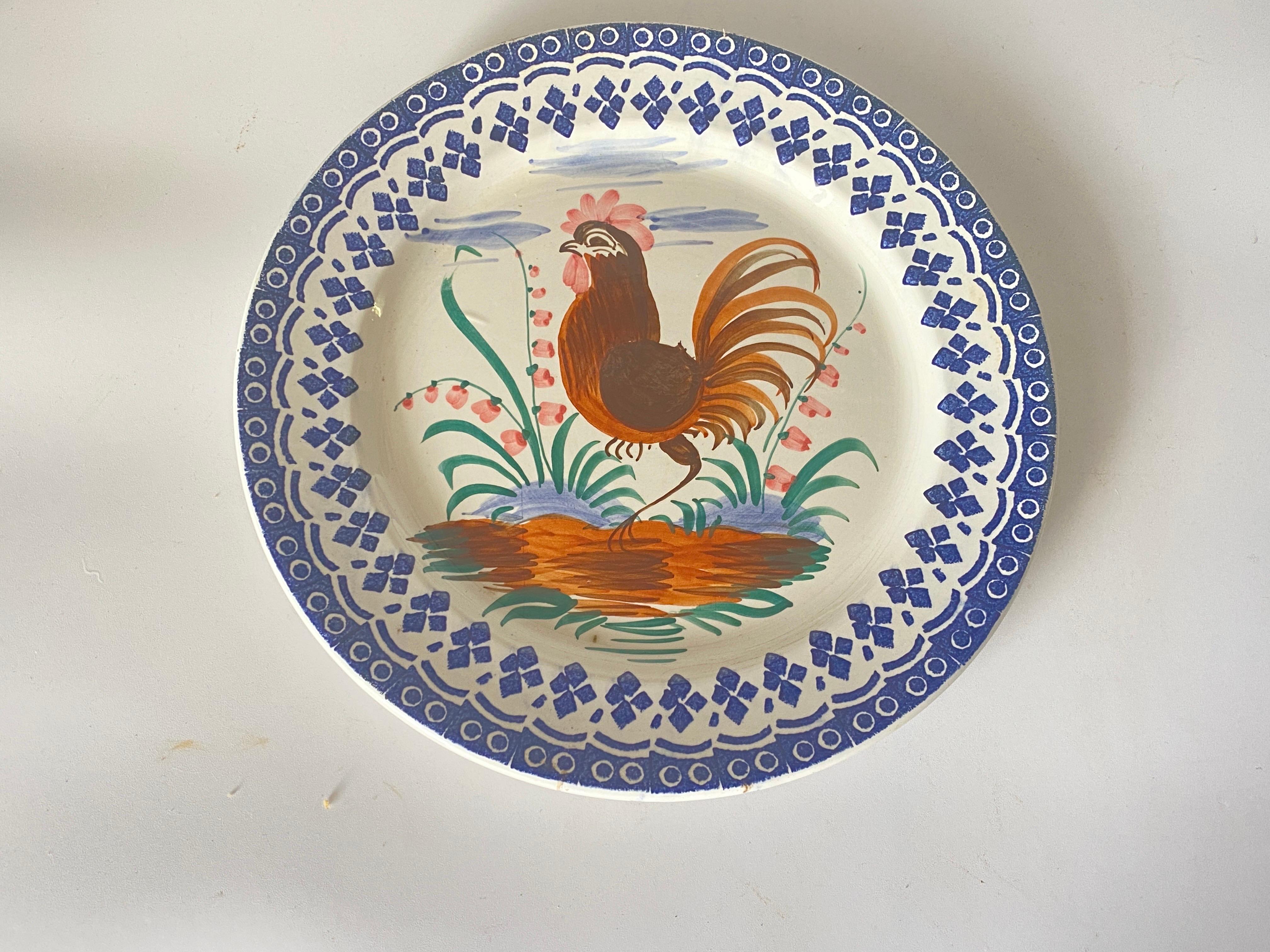 Faience Dish in Italian Faïence Brown and Green Color 19th Century Rooster For Sale