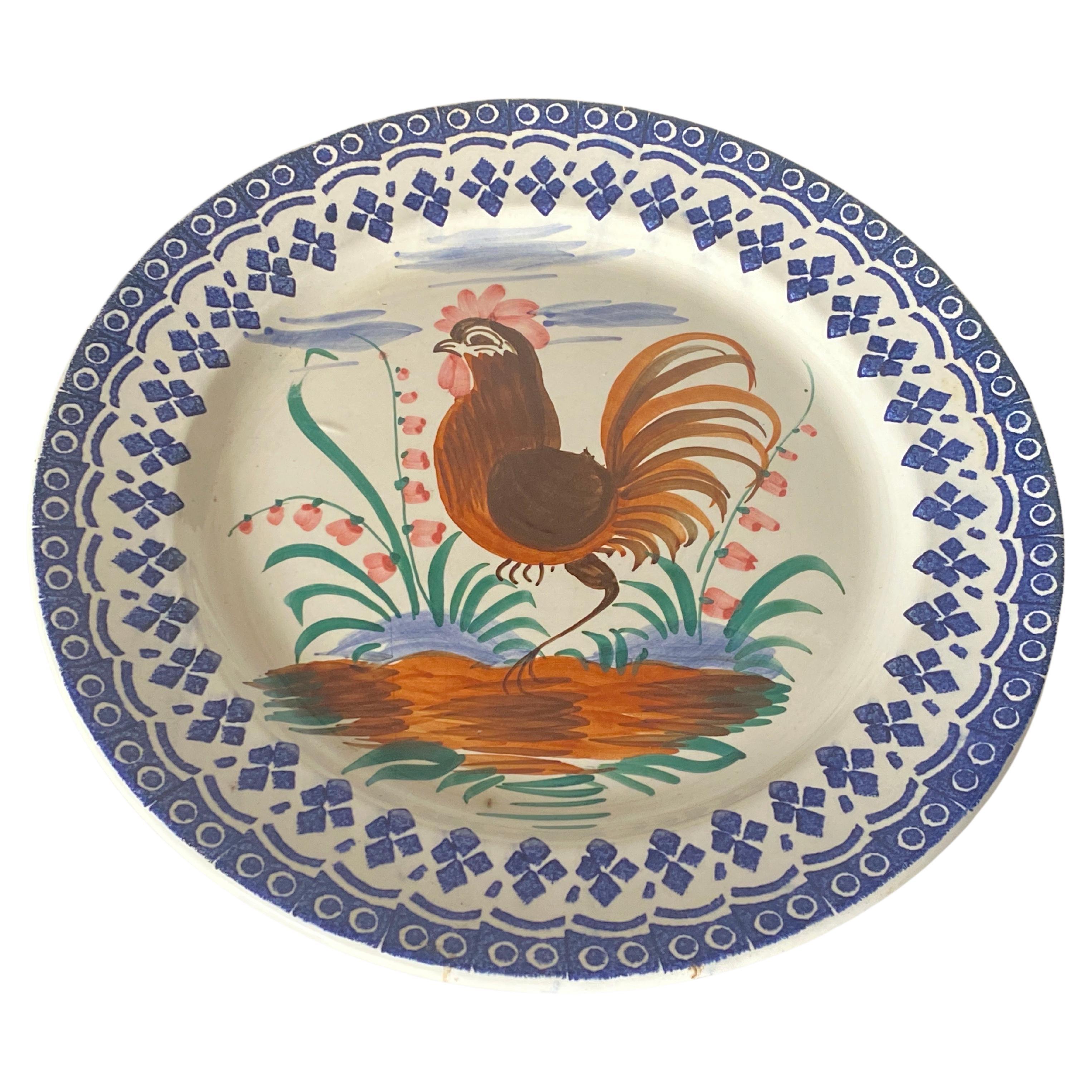 Dish in Italian Faïence Brown and Green Color 19th Century Rooster For Sale