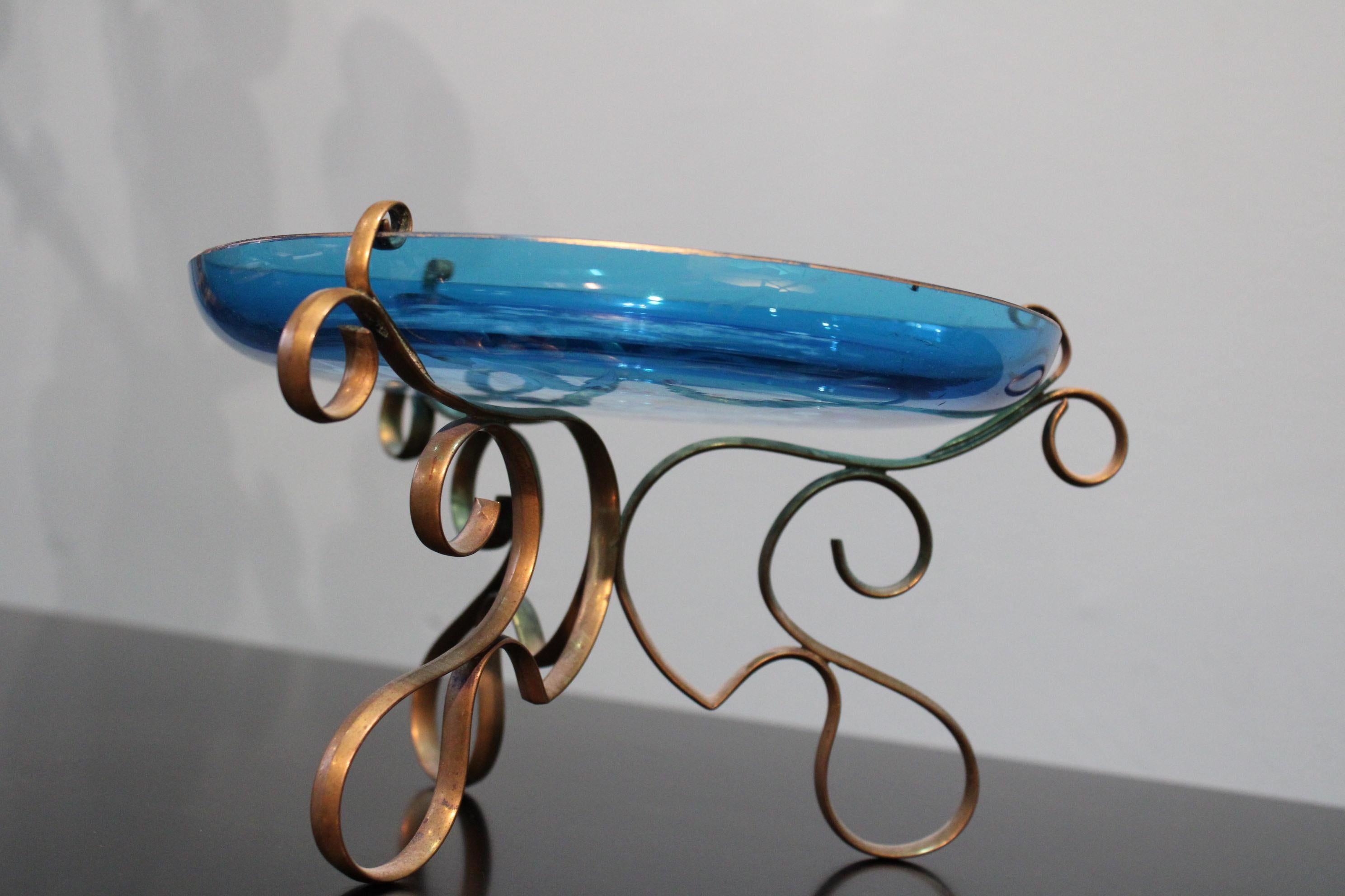 Art Nouveau Dish with Blue Glassware and Sculpted Metal For Sale