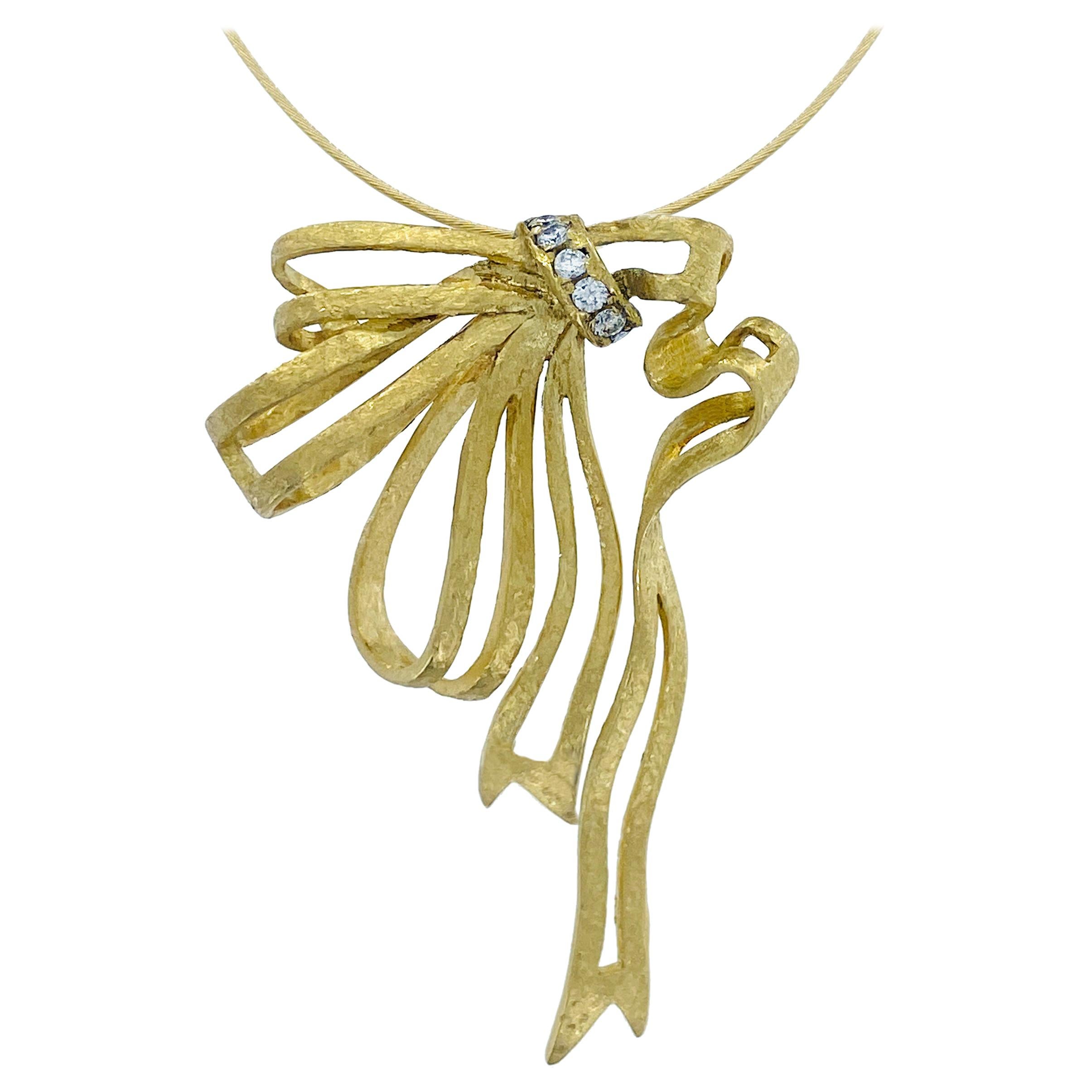 "Dishabille" Ribbon Pendant with Diamond Accents on Wire Chain in Yellow Gold