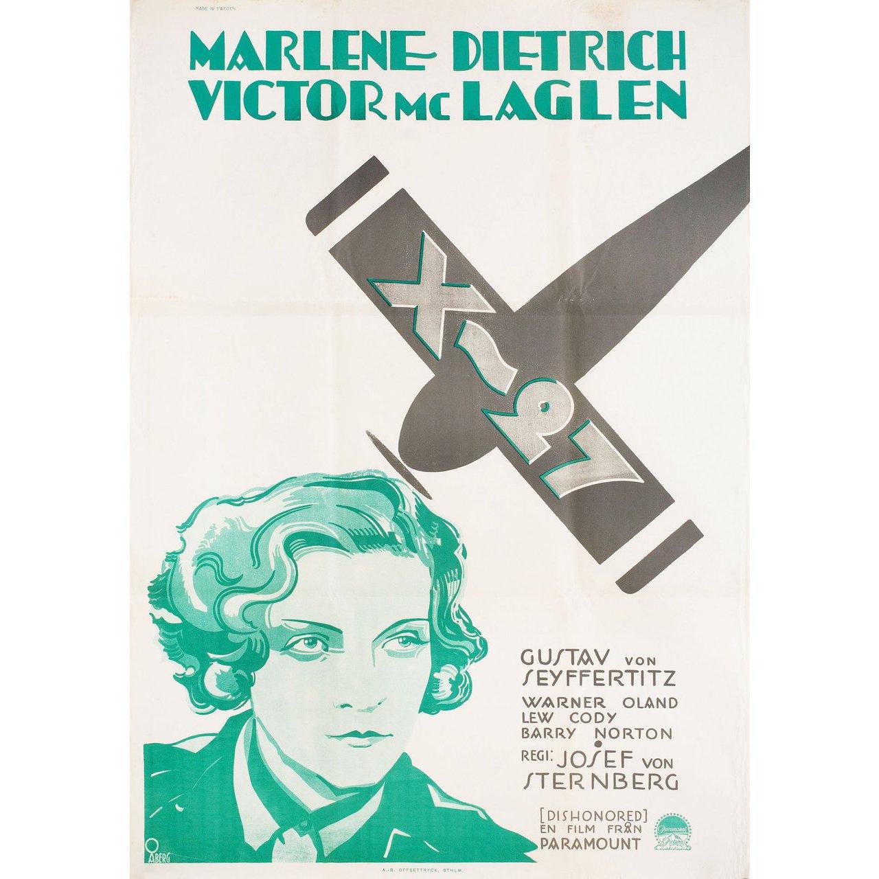 Original 1930s re-release Swedish B1 poster by Gosta Aberg for the film Dishonored directed by Josef von Sternberg with Marlene Dietrich / Victor McLaglen / Gustav von Seyffertitz / Warner Oland. Very good-fine condition, folded. Many original