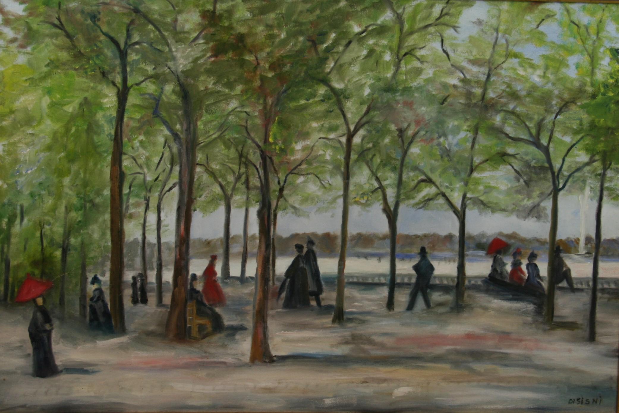 DiSisni Landscape Painting - Vintage French Impressionist Paris Oversized  Figural Park Scene Landscape 1960