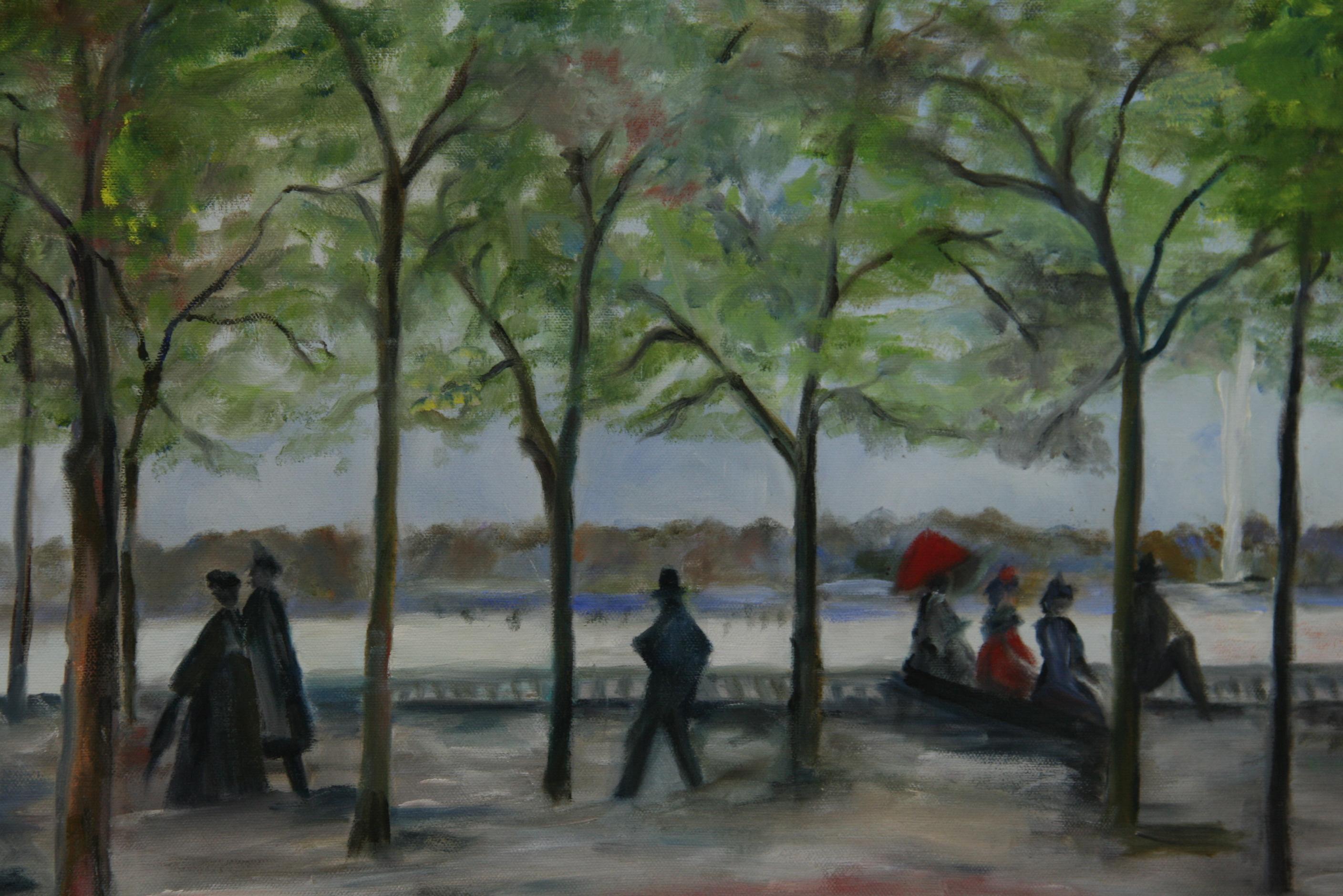 Vintage French Impressionist Paris Oversized  Figural Park Scene Landscape 1960 For Sale 1