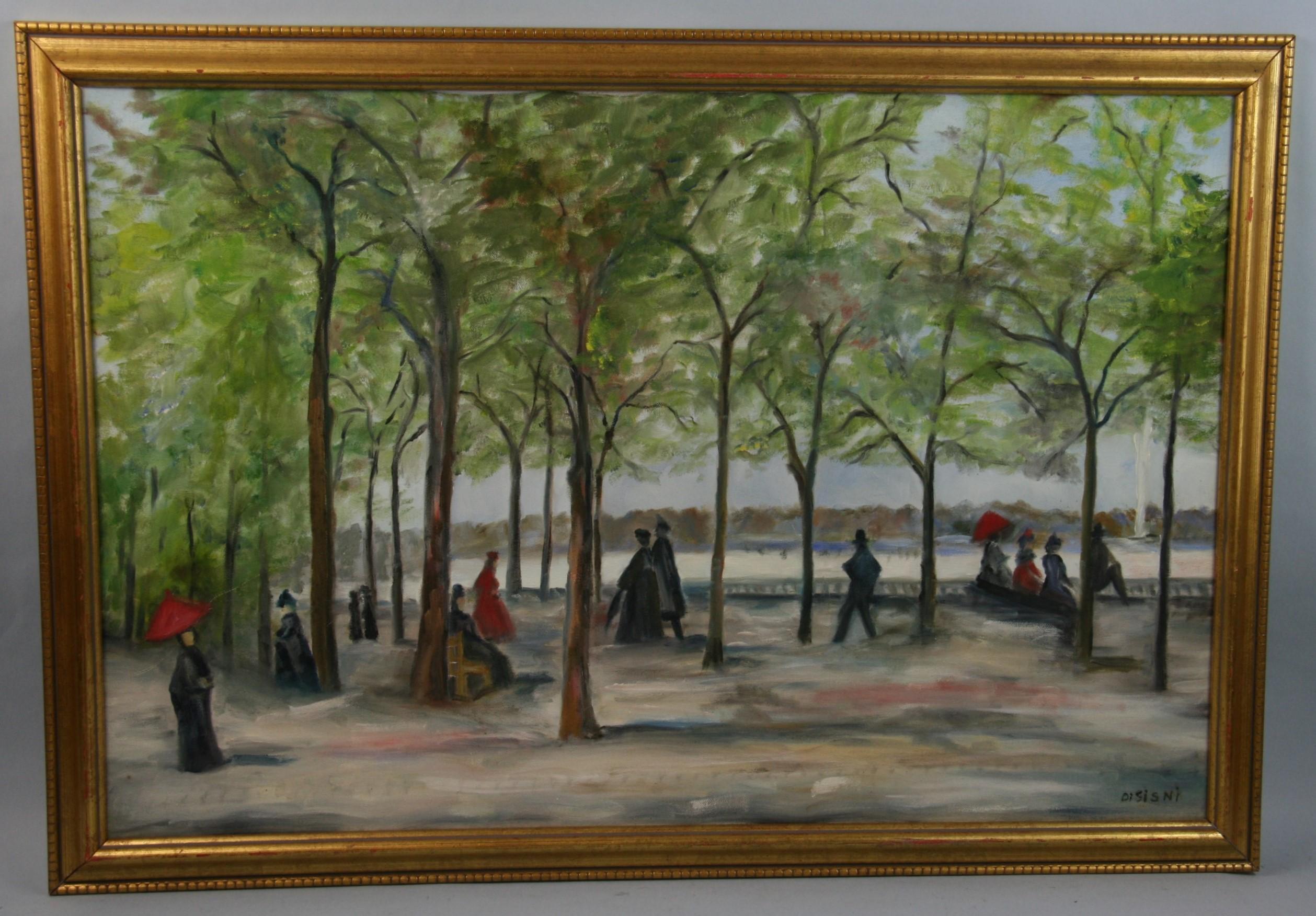 Vintage French Impressionist Paris Oversized  Figural Park Scene Landscape 1960 - Painting by DiSisni