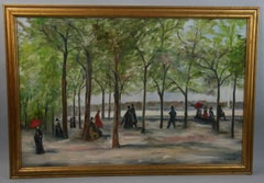 Vintage French Impressionist Paris Oversized  Figural Park Scene Landscape 1960