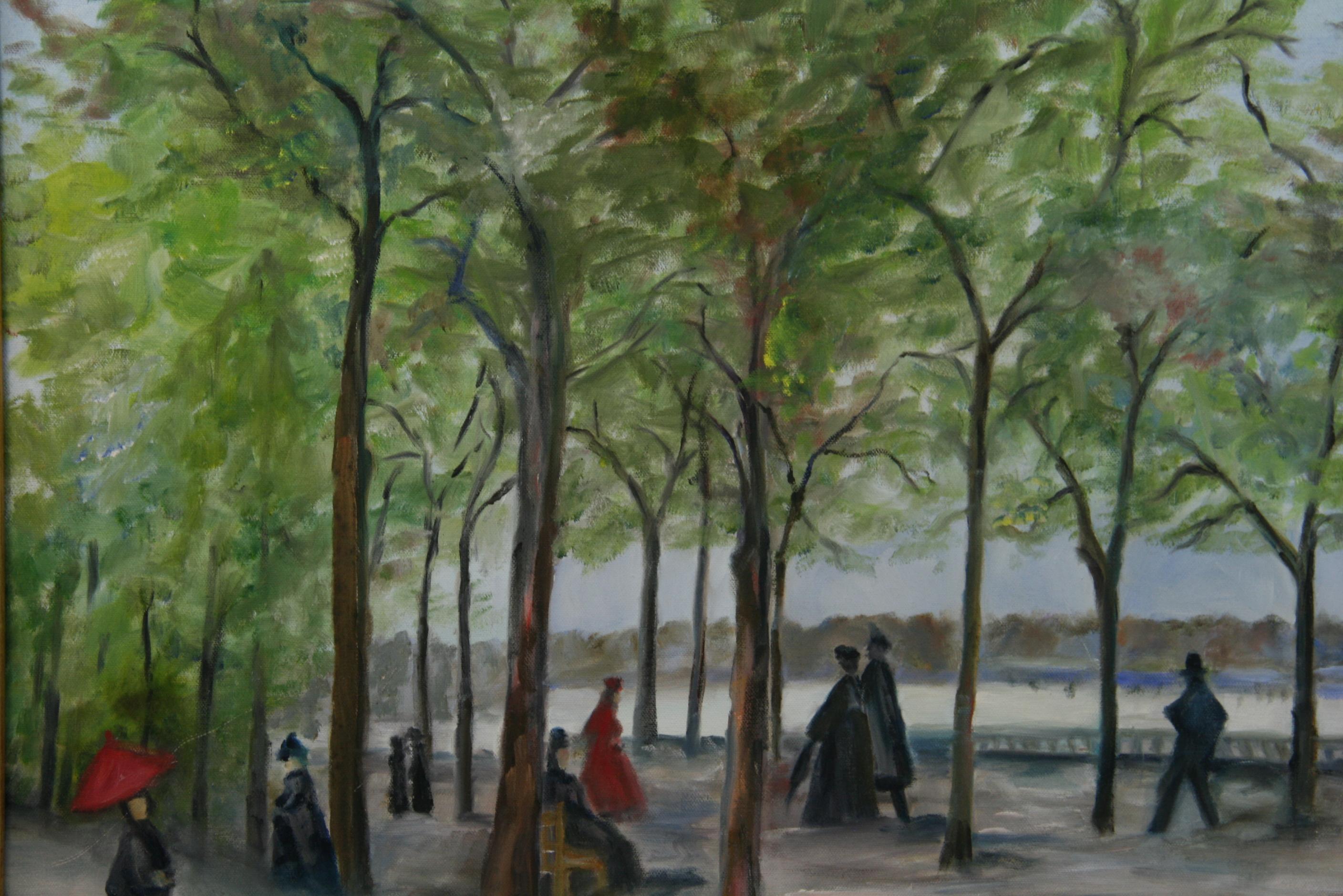 Vintage French Impressionist Paris Oversized  Figural Park Scene Landscape 1960 For Sale 1