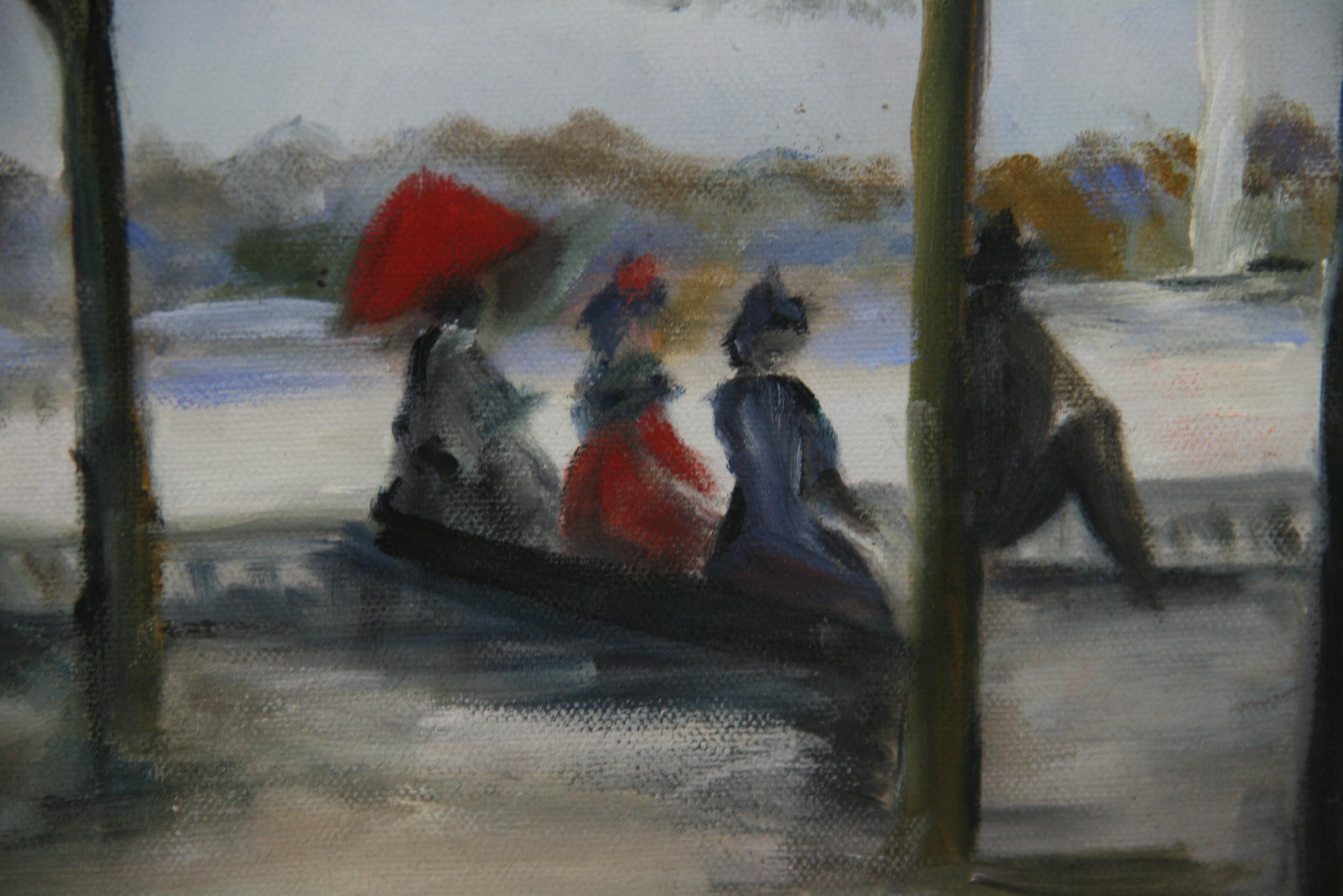 Vintage French Impressionist Paris Oversized  Figural Park Scene Landscape 1960 For Sale 4