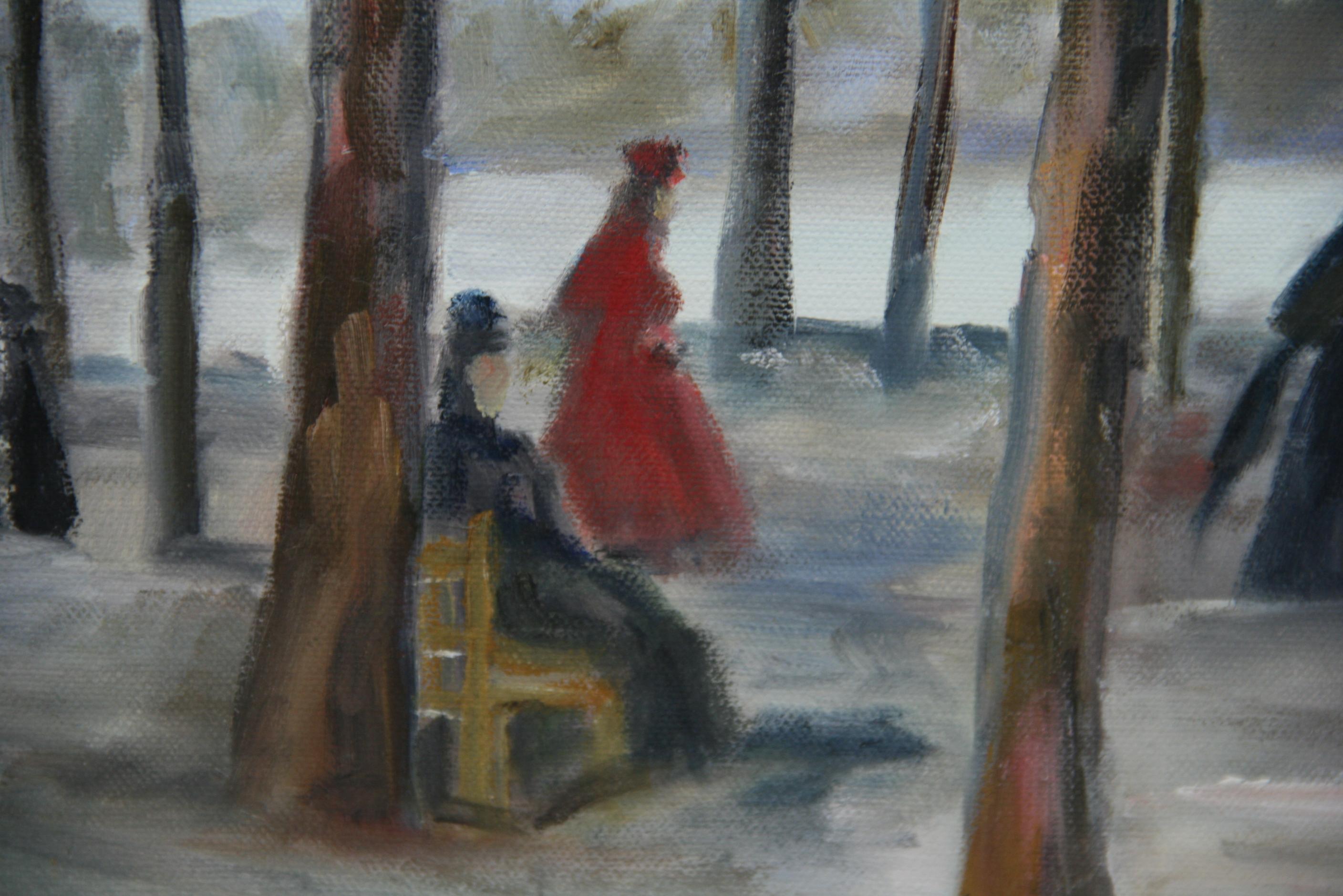 Vintage French Impressionist Paris Oversized  Figural Park Scene Landscape 1960 For Sale 5