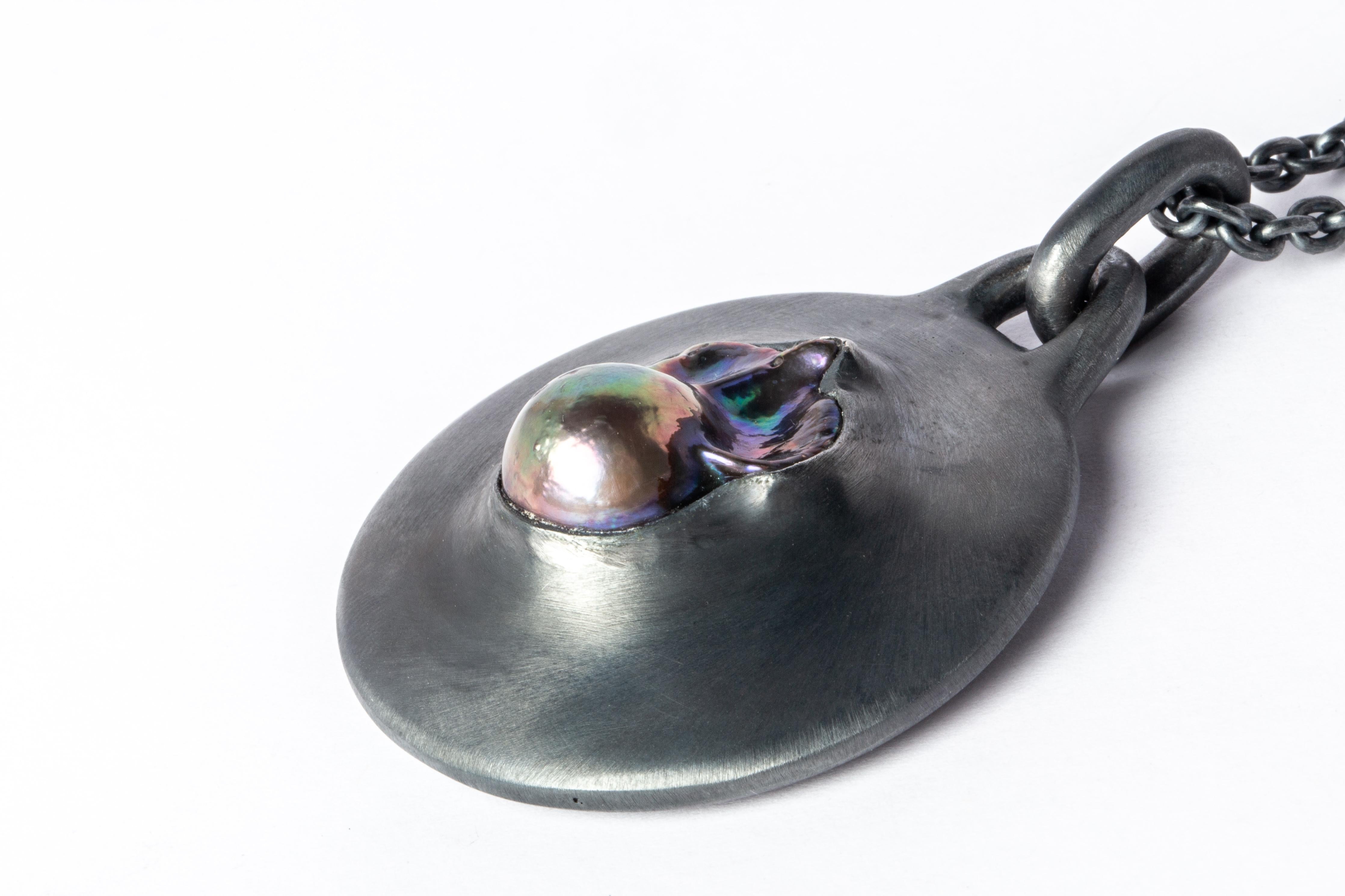 Women's or Men's Disk Necklace (Terrestrial, Black Rainbow Pearl, 47mm, KA+KPRL) For Sale