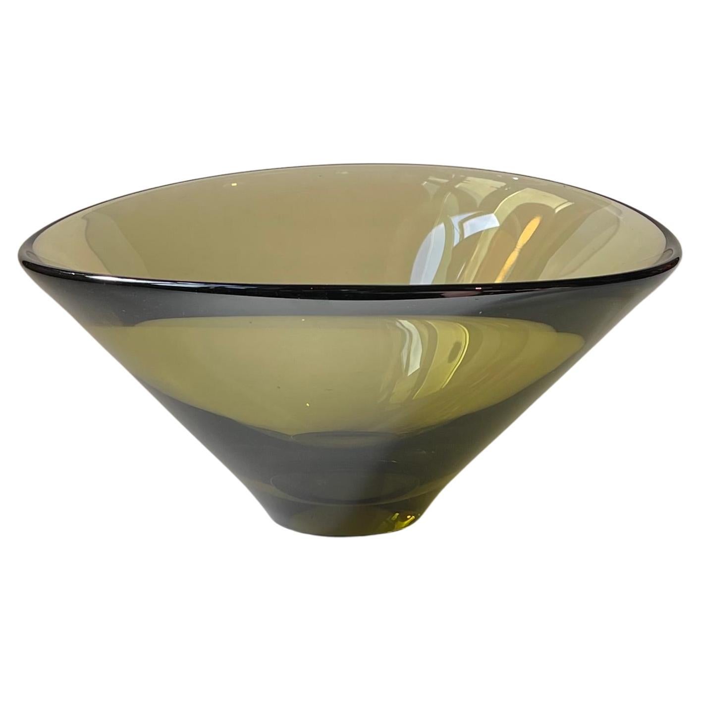 Disko Olive Green Centerpiece Glass Bowl by Per Lutken for Holmegaard, 1961 For Sale