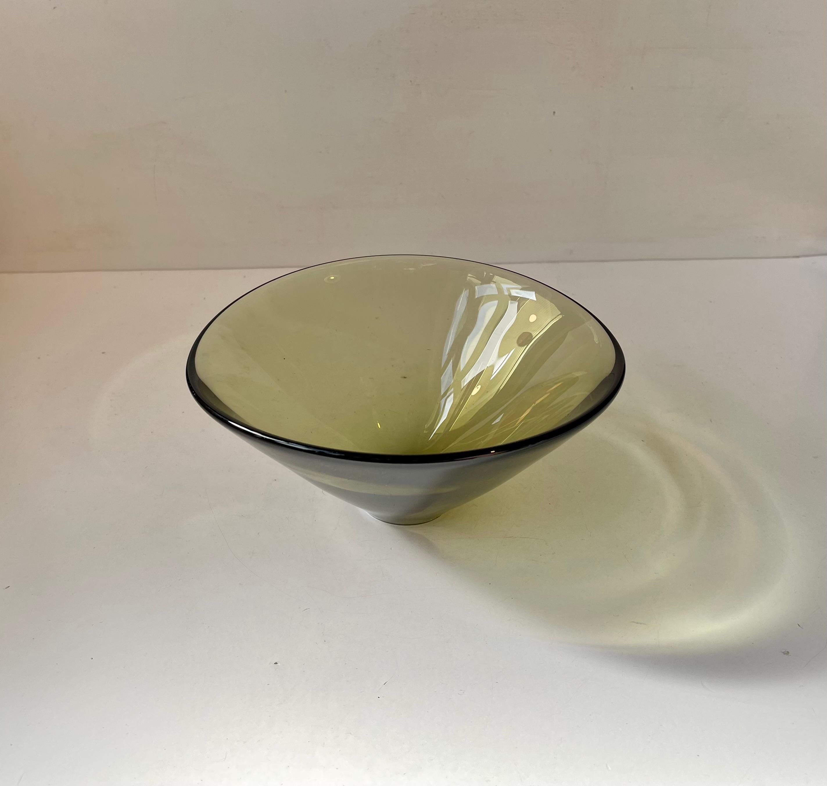 Scandinavian Modern Disko Olive Green Glass Bowl by Per Lutken for Holmegaard, Scandinavian - 1959